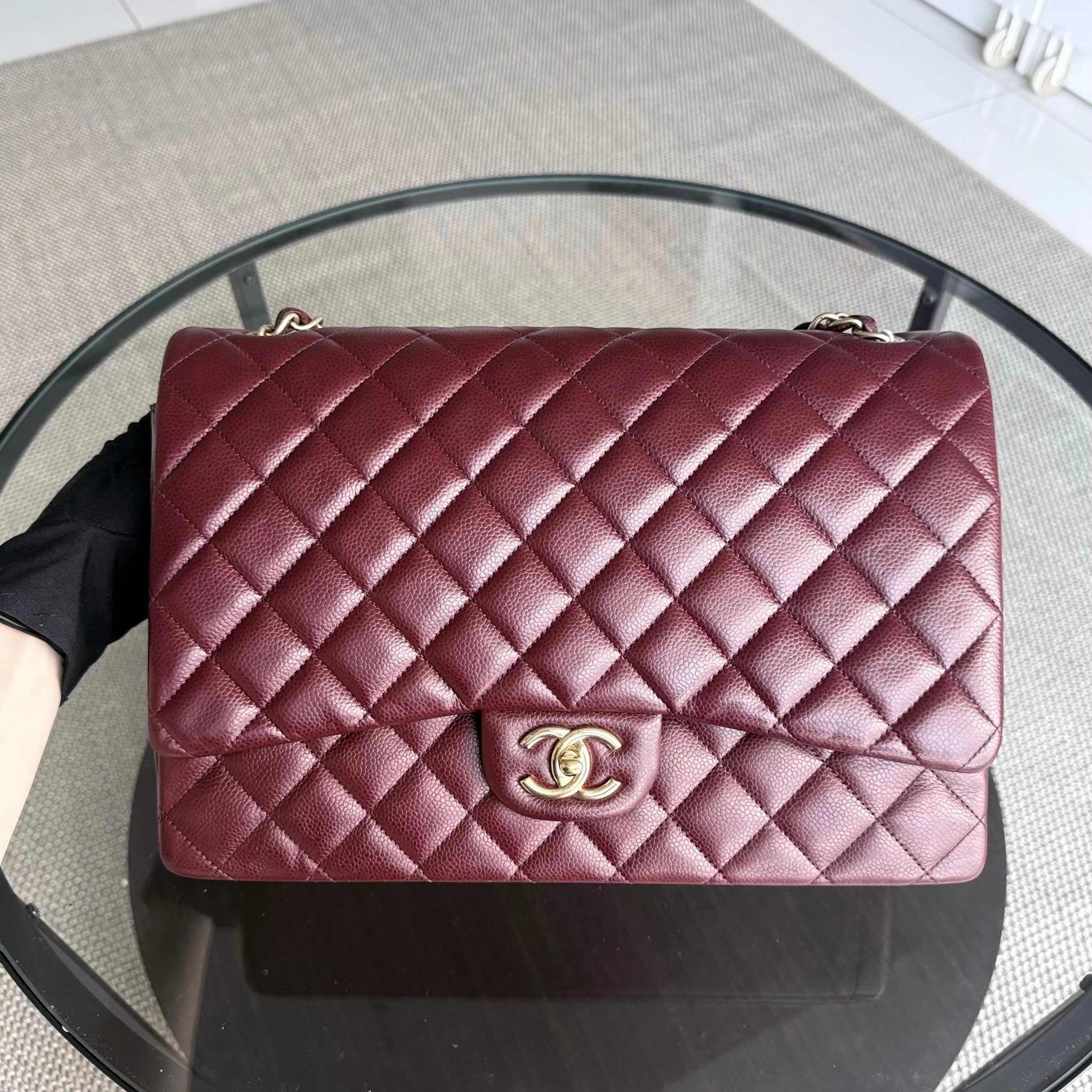 Chanel Classic Flap Maxi - Caviar Double Flap Quilted Burgundy Gold Hardware Series 21