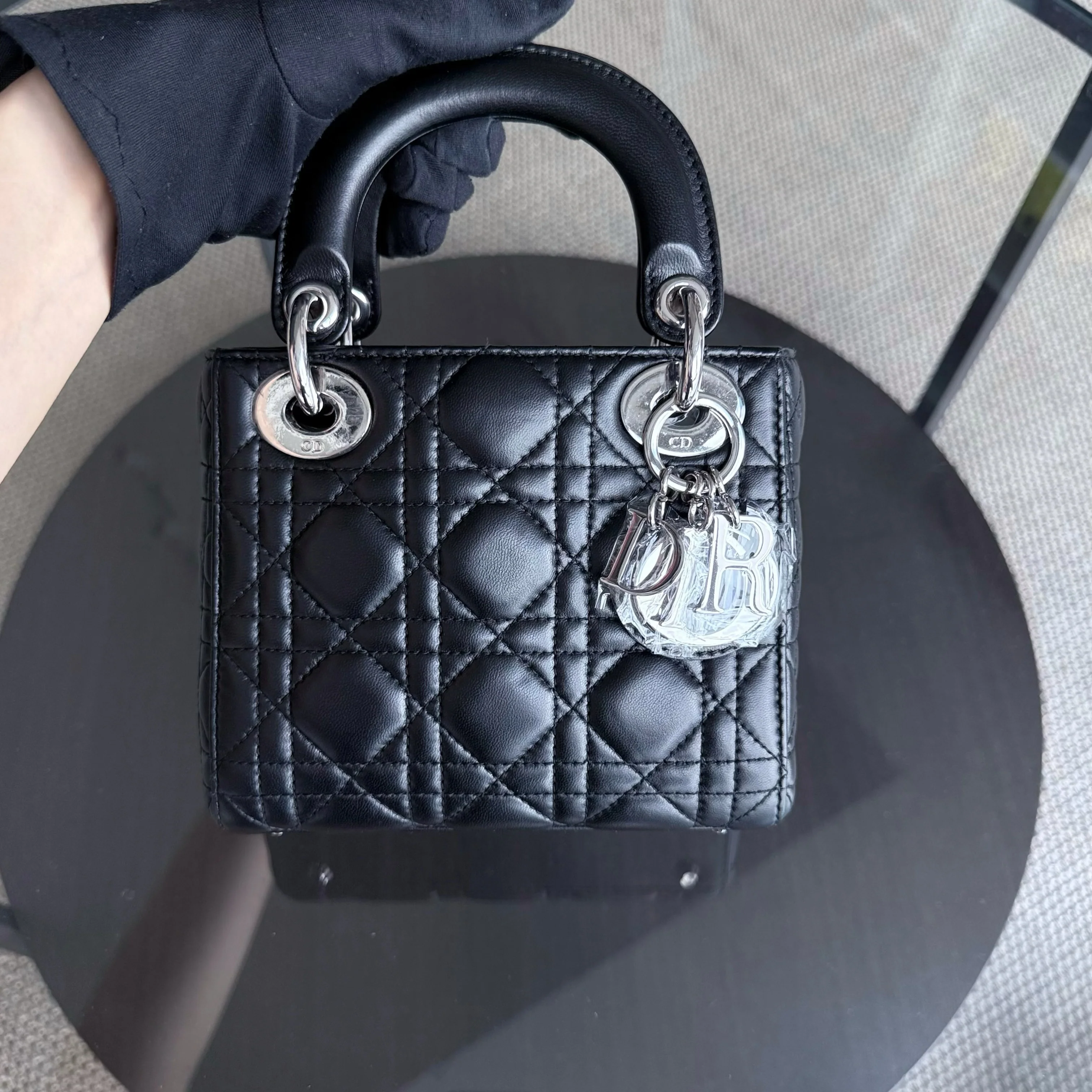 Dior Lady Mini - Cannage Lambskin Black Silver Hardware Chain Strap