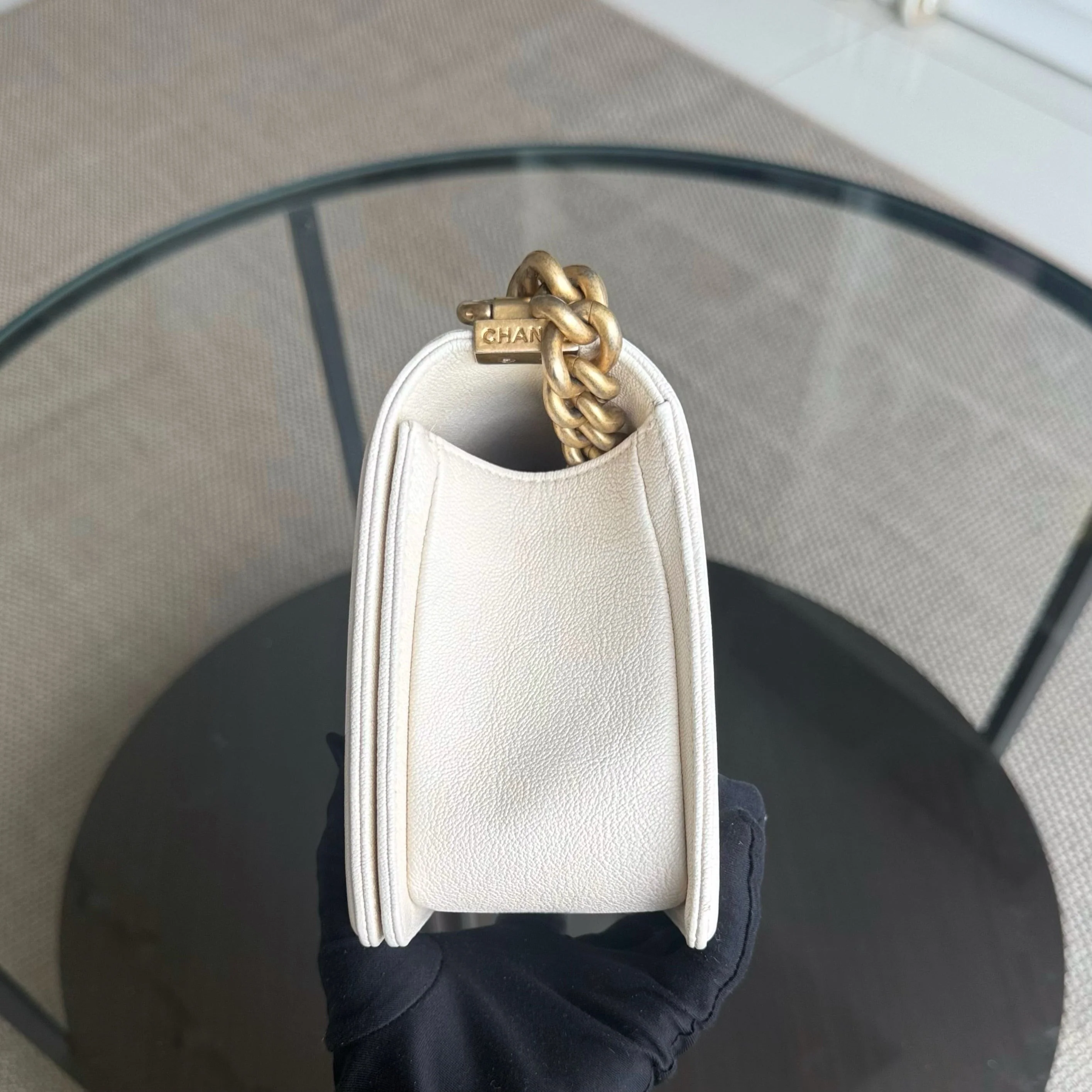 Chanel Boy Medium - Caviar 25CM Cream White Aged Gold Hardware Series 26