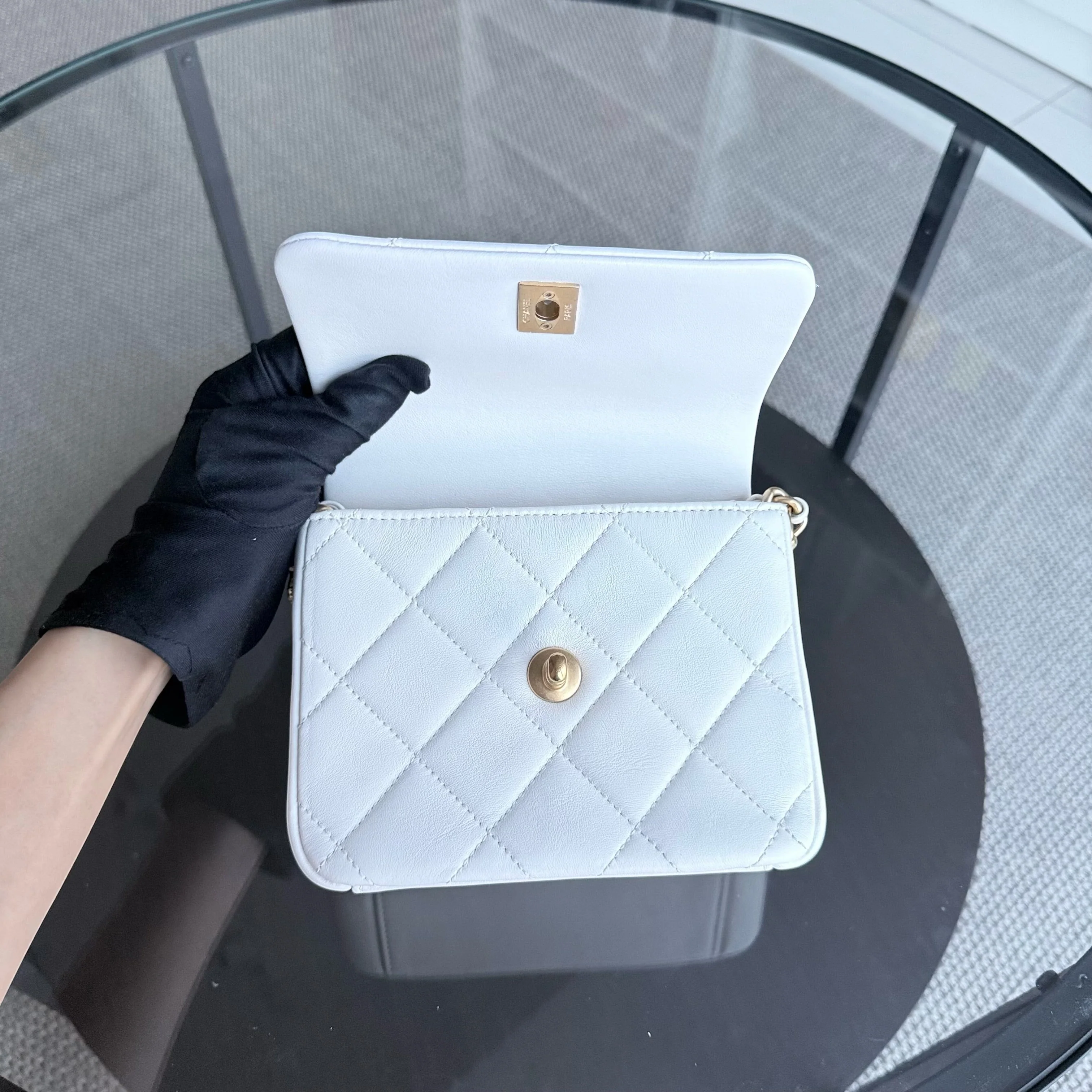 Chanel Classic Flap Mini Square - 17CM Quilted Lambskin White Gold Hardware Microchip