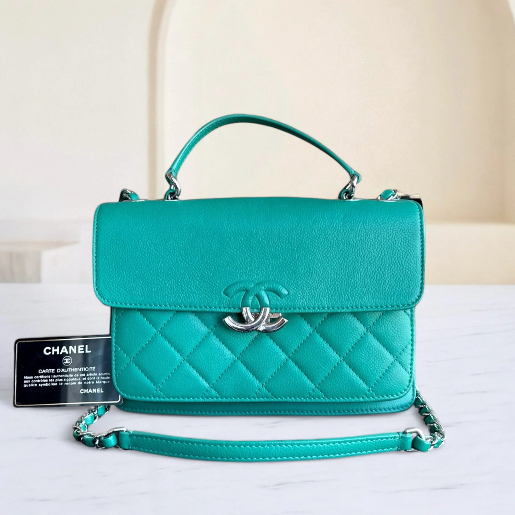 Chanel Caviar 25CM 2017 Urban Handle Quilted Grained Calfskin Green Blue Silver Hardware Series 23