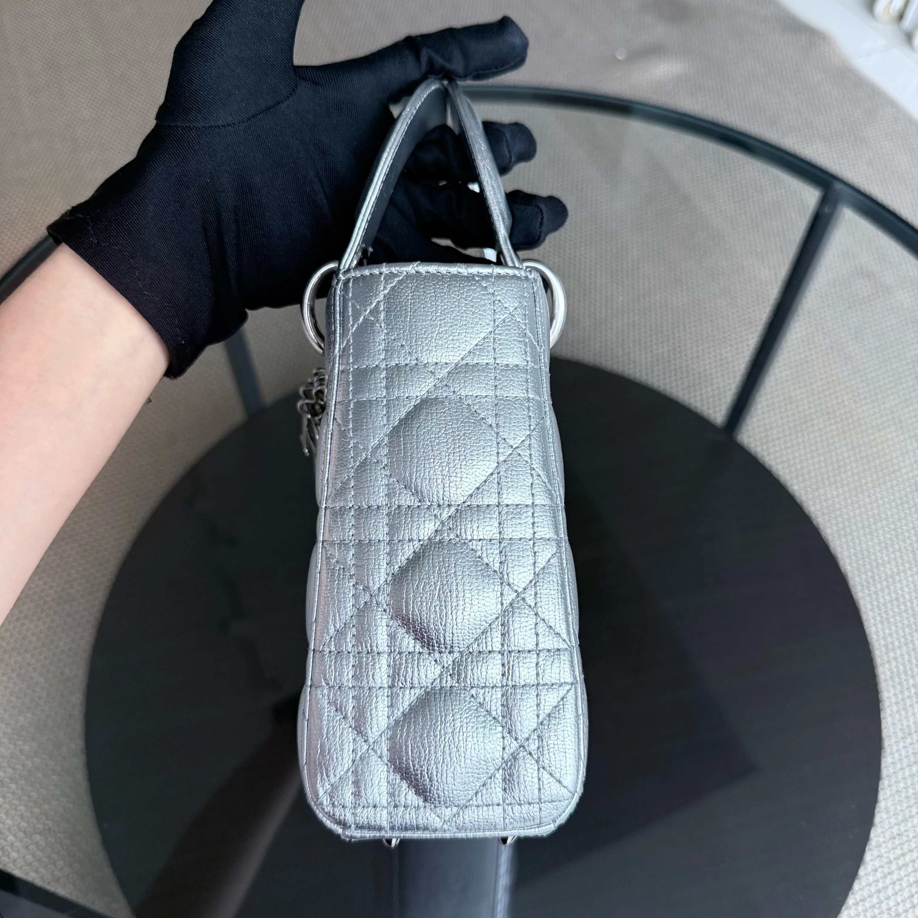 Dior Lady Small - Cannage Metallic Calfskin Silver Silver Hardware