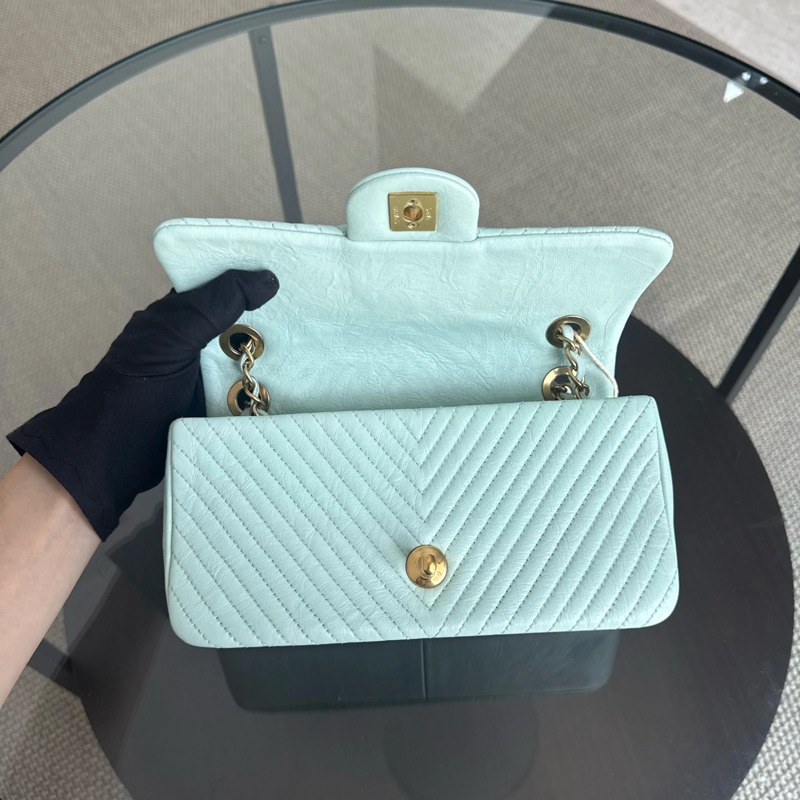 Chanel Seasonal Flap Small - 23CM Surpique CC Herringbone Medallion Flap Chevron Mint Green Gold Hardware Series 20