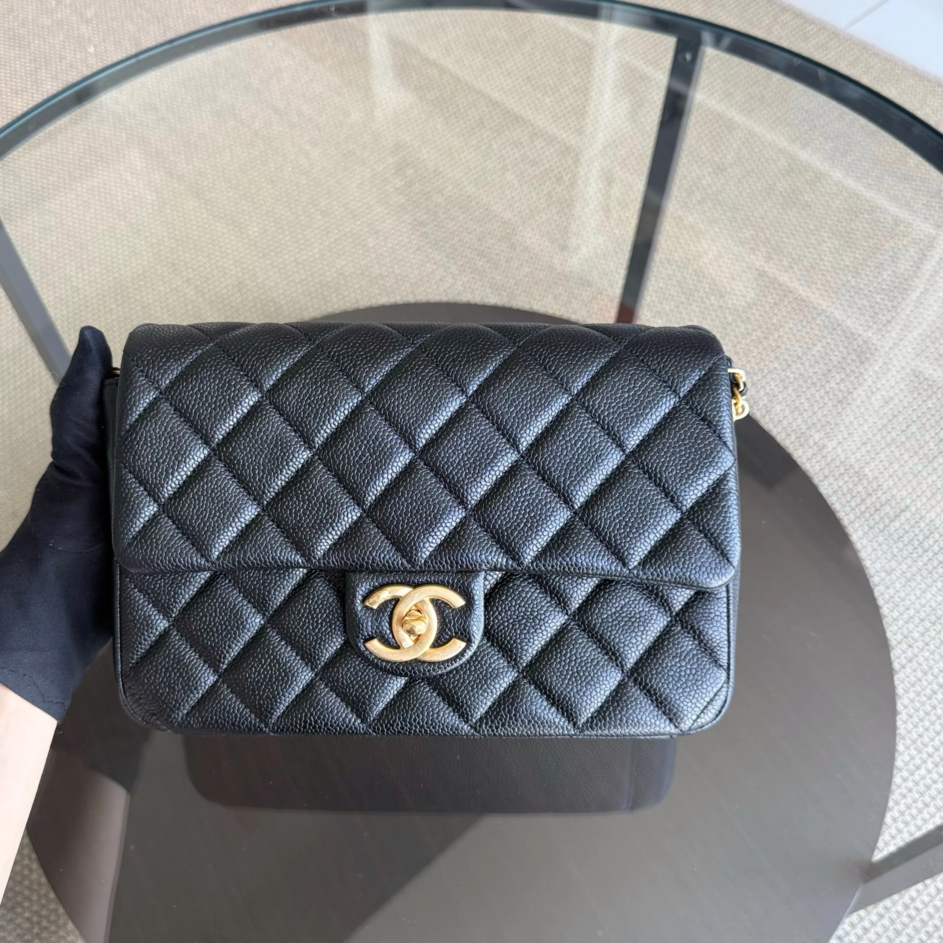 Chanel Seasonal Flap Bag - Caviar Quilted Medallion Soul Black Caviar Gold Hardware Microchip
