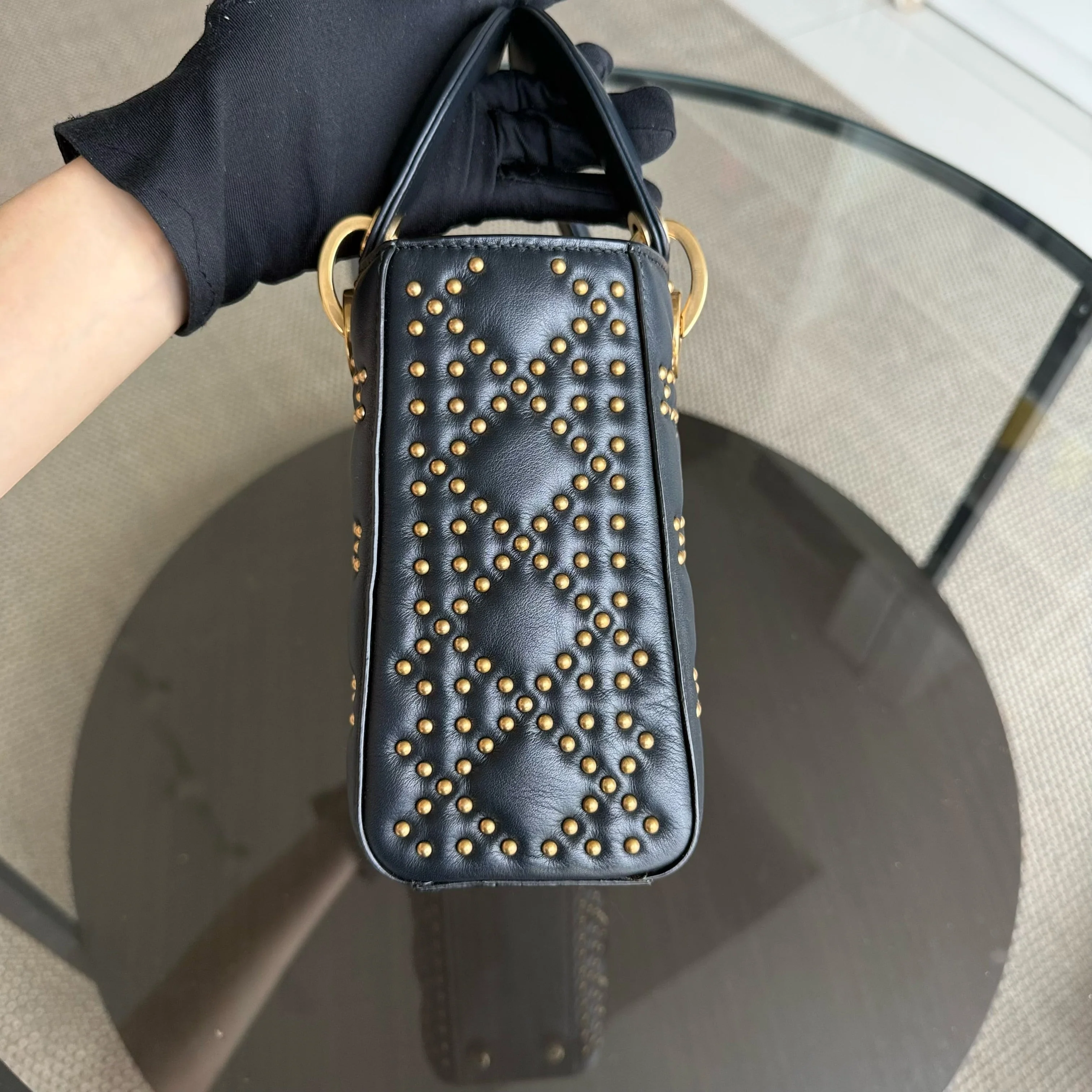 Dior Lady Small Flap - Cannage Calfskin Studded Black Gold Hardware