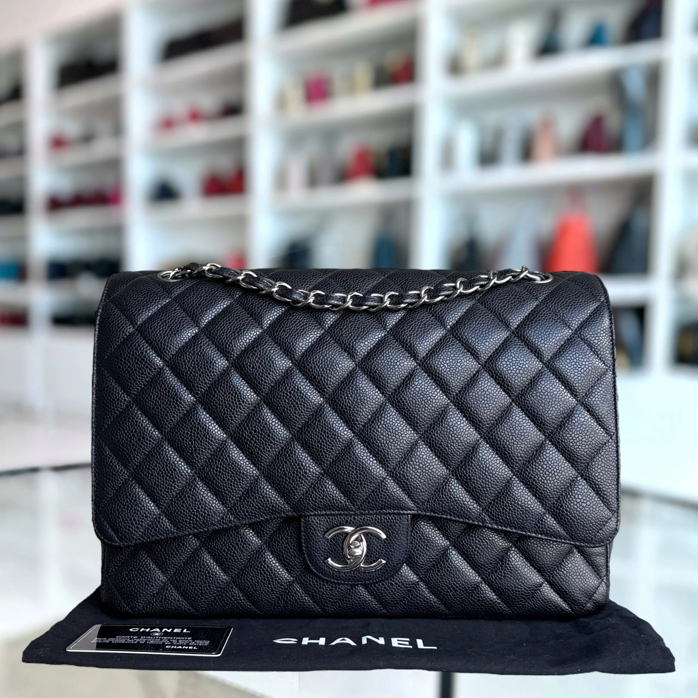 Chanel Classic Flap Maxi - Caviar Double Flap 33CM Quilted Black Silver Hardware Series 15