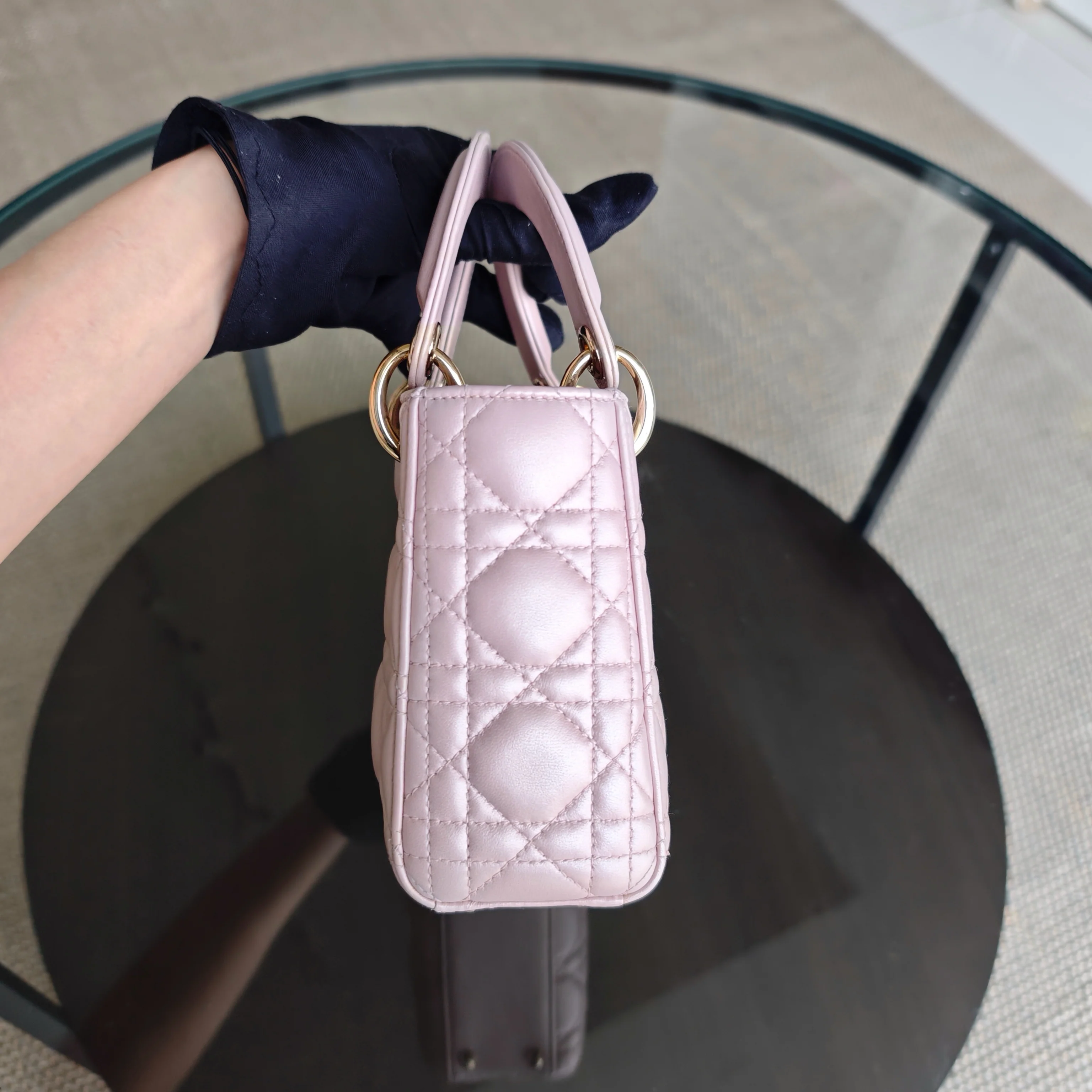 Dior Lady Mini - Cannage Lambskin Light Pink Gold Hardware Chain Strap