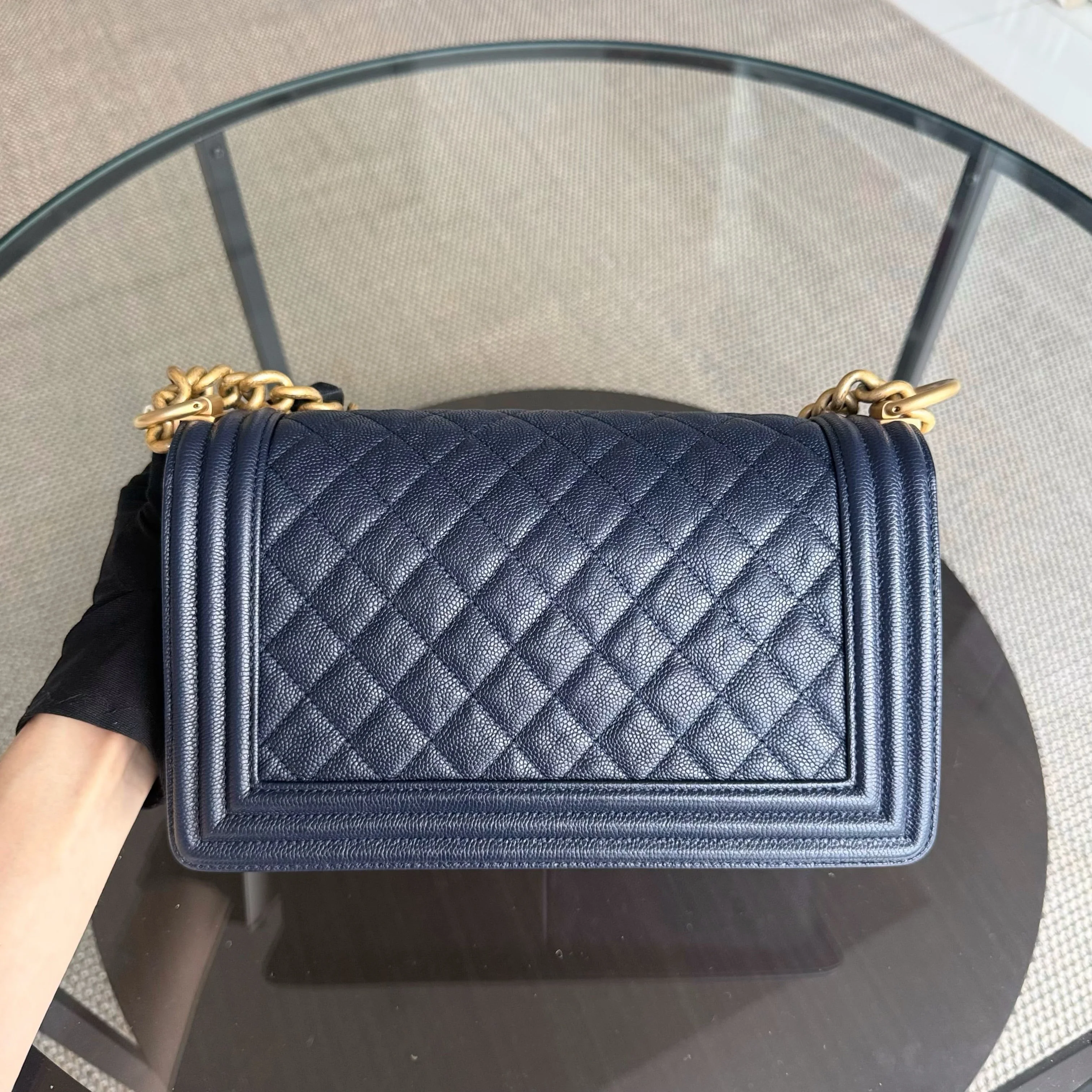 Chanel Boy Medium - Caviar 25CM Quilted Dark Blue Gold Hardware Series 25