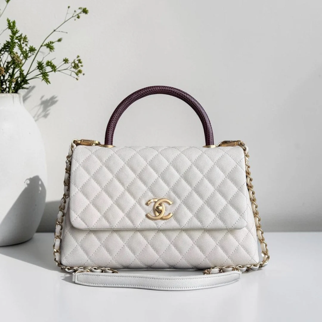 Chanel Coco Handle Medium - Caviar Quilted Lizard Handle White Gold Hardward 24