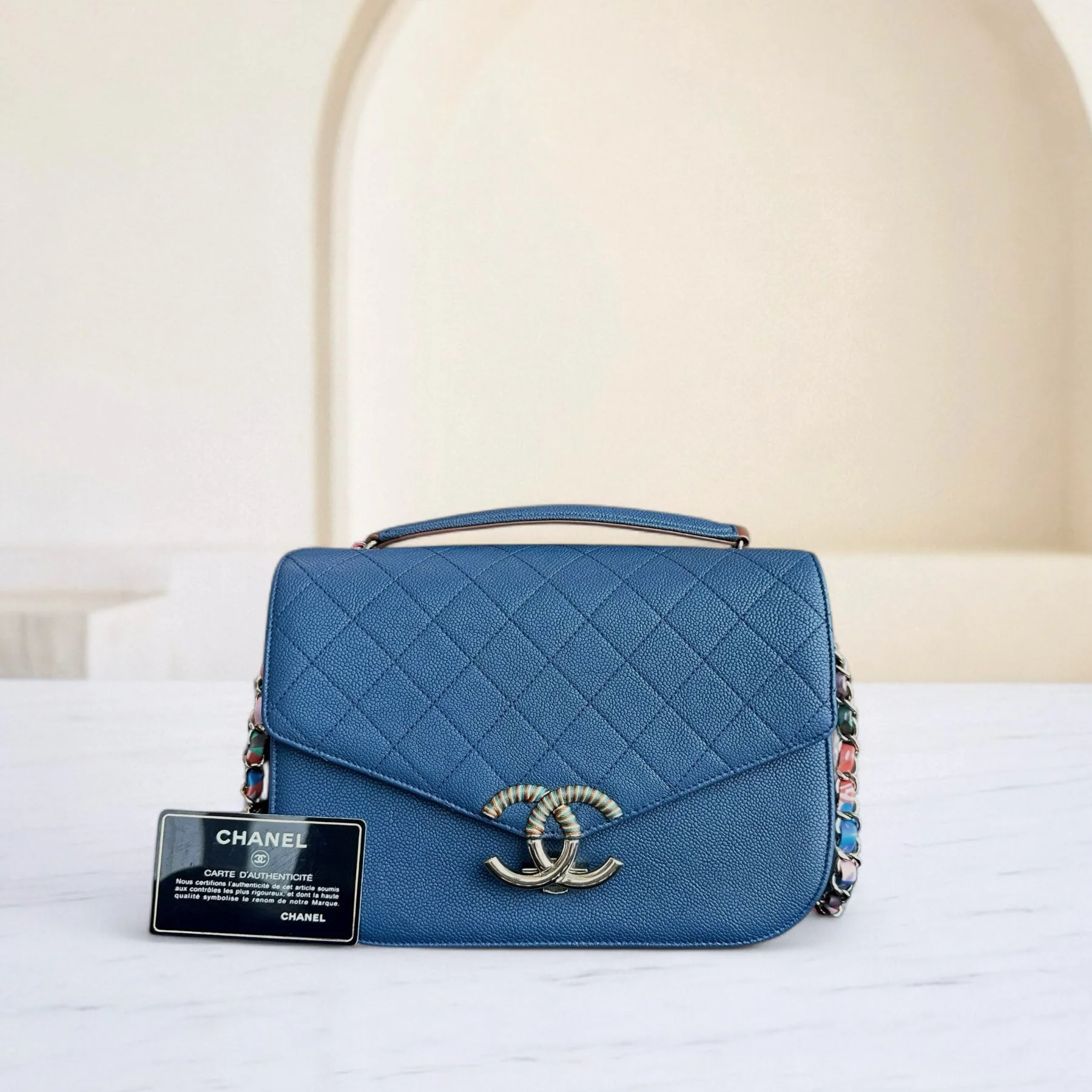 Chane Coco Curve Cuba - Medium Caviar Quilted Grained Calfskin Blue Cross Body Golden Hardware Series 23