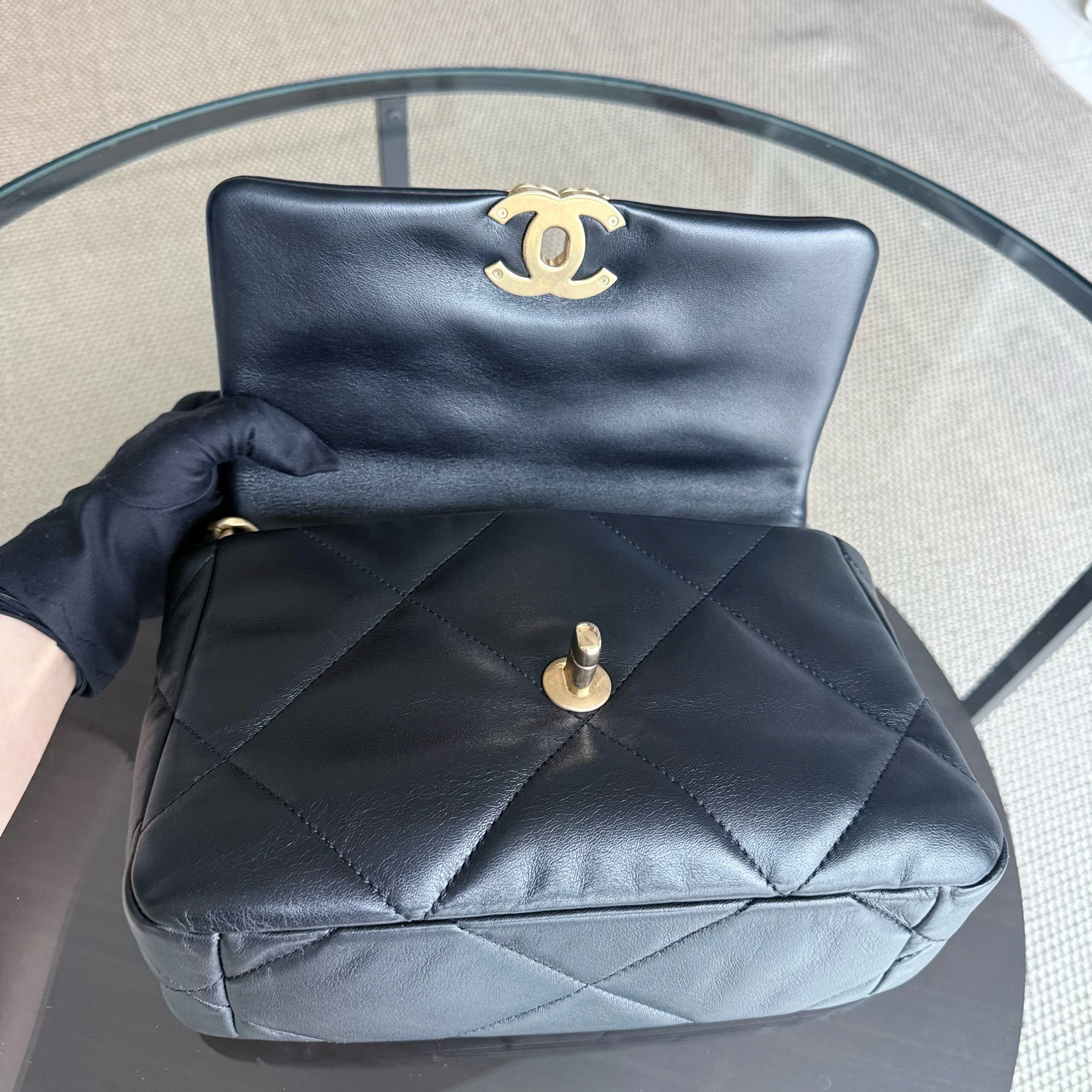 Chanel 19 Bag C19 Small - Quilted Shiny Goatskin Black Two-tone Gold Silver Hardware