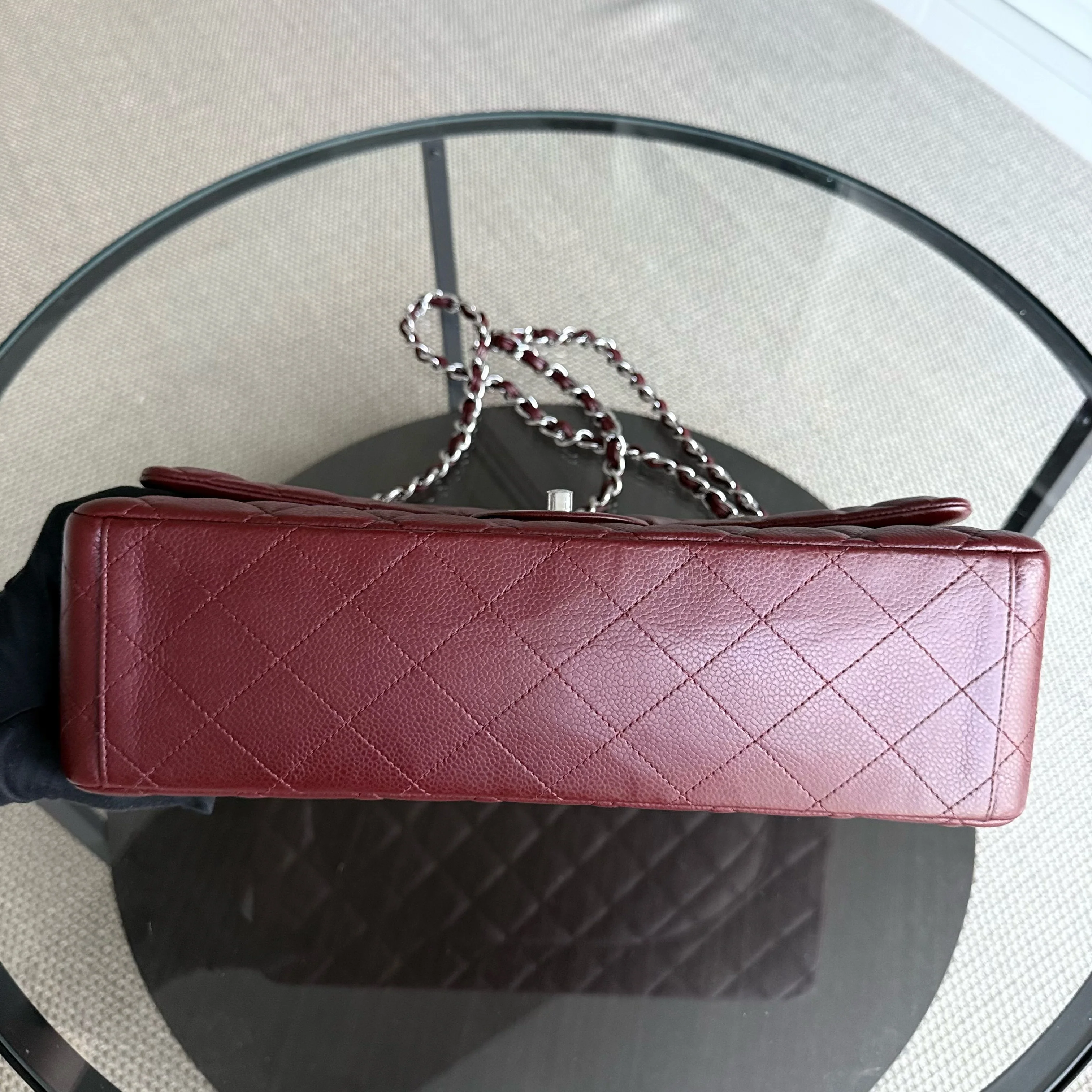 Chanel Classic Flap Maxi - Caviar Double Flap 33CM Quilted Grained Calfskin Burgundy Dark Red Silver Hardware Series 15