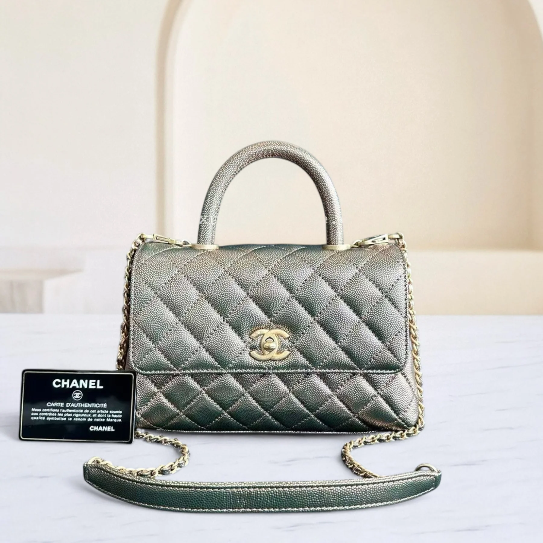 Chanel Caviar Coco Handle Small Grained Calfskin Metallic Silver Golden Hardware Series 28