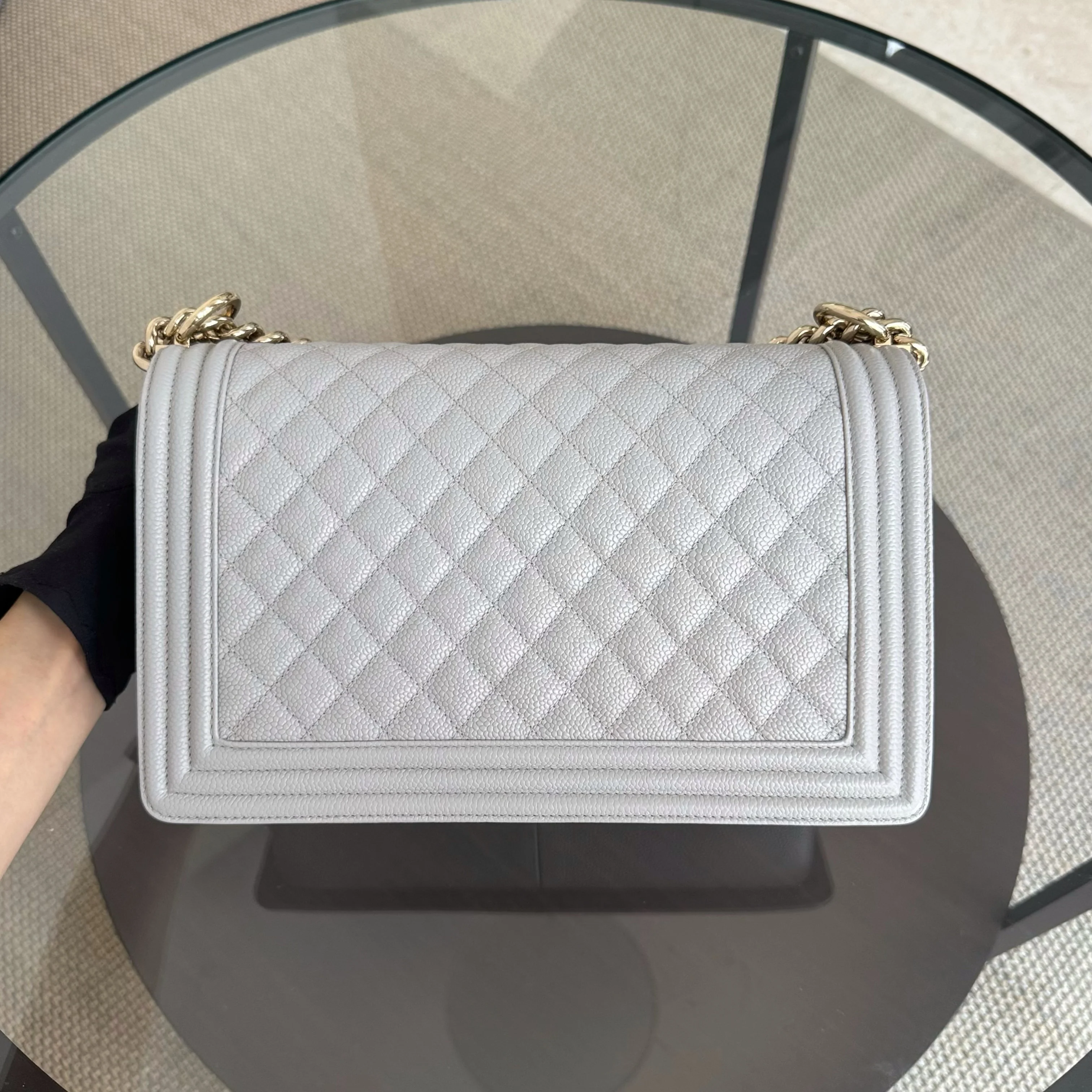 Chanel Boy New Medium - 28CM Quilted Caviar Grey Gray Gold Hardware Series 28