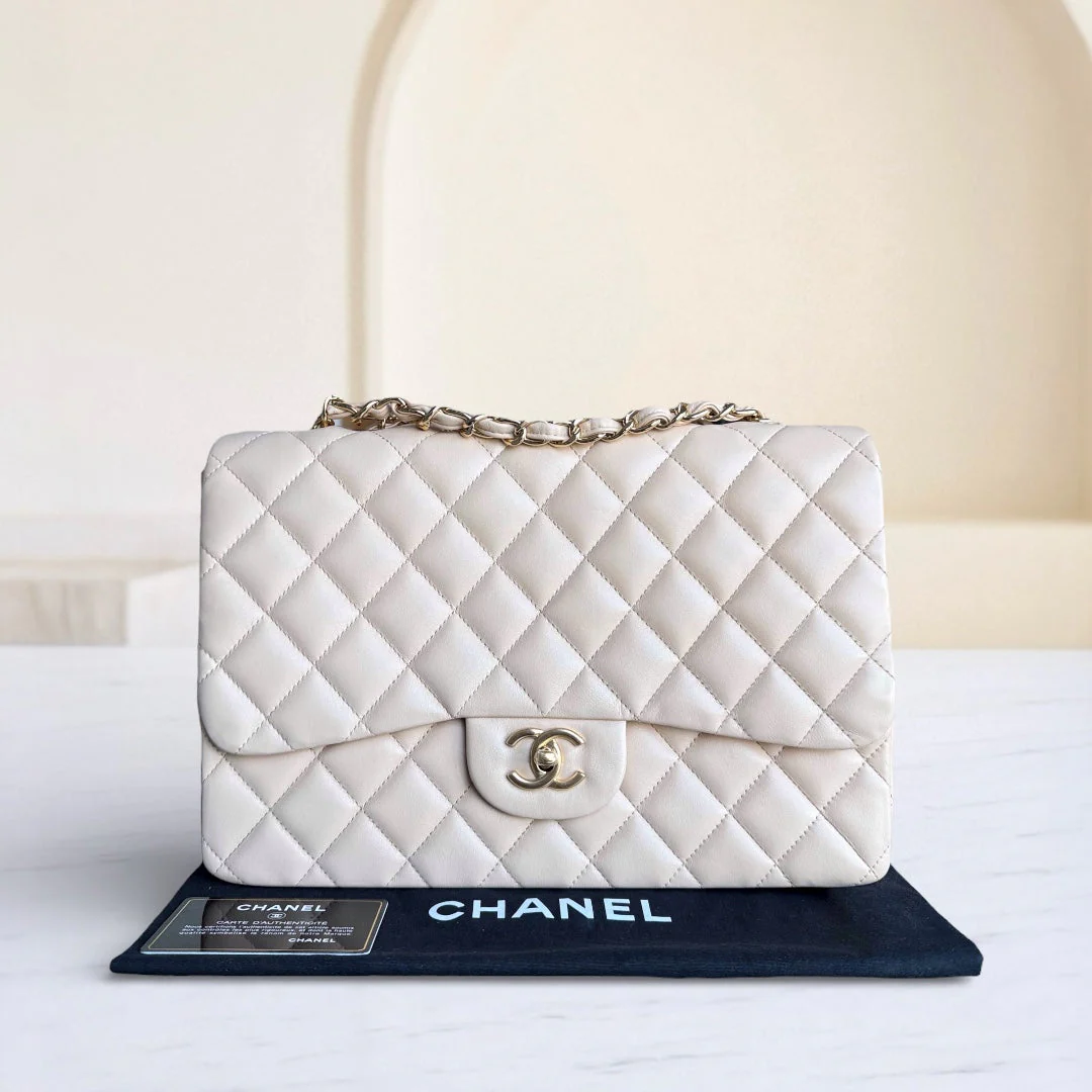 Chanel Classic Flap Jumbo - 30CM Single Flap Quilted Lambskin Beige Gold Hardware Series 13