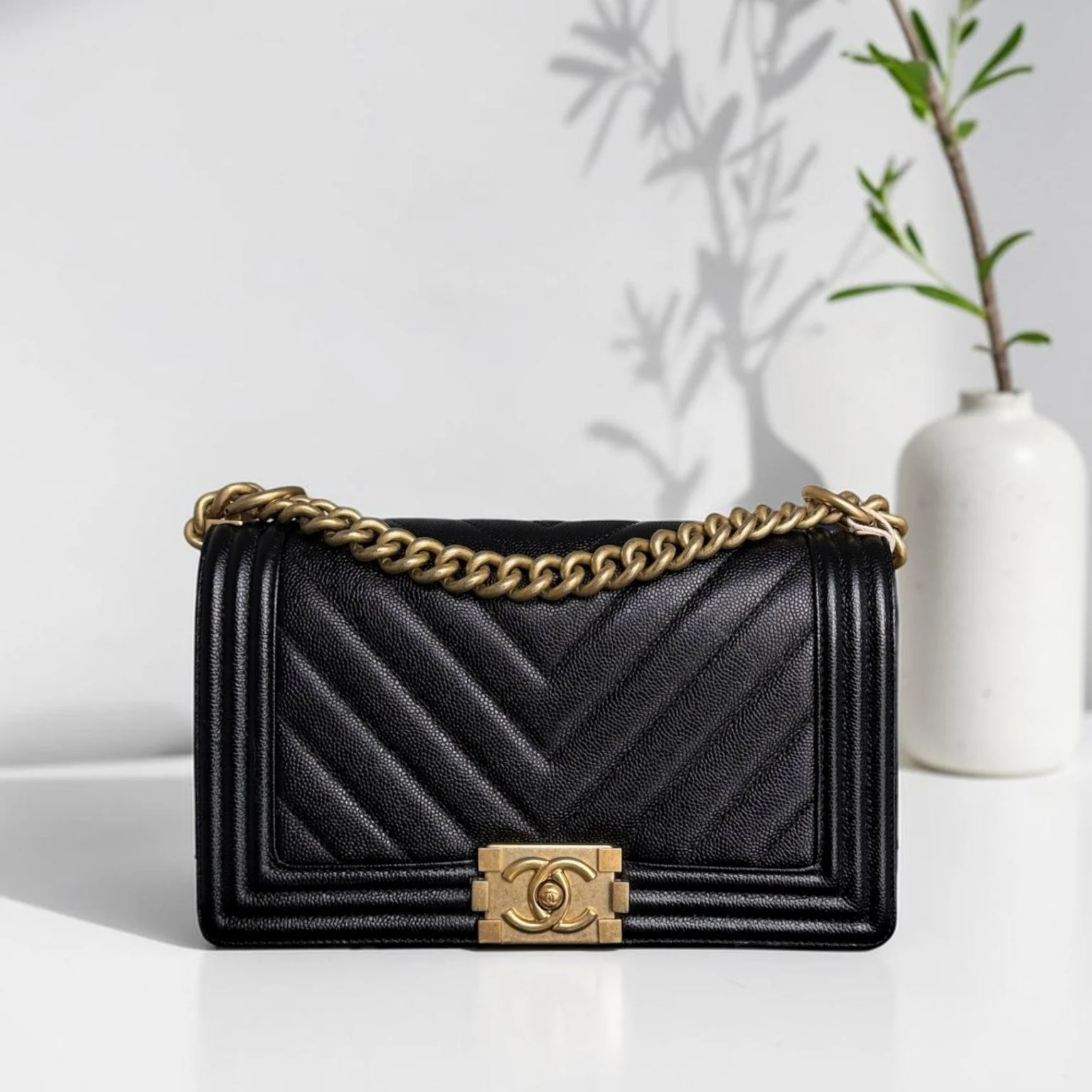 Chanel Boy Medium - Caviar 25CM Chevron Black Gold Hardware Series 24
