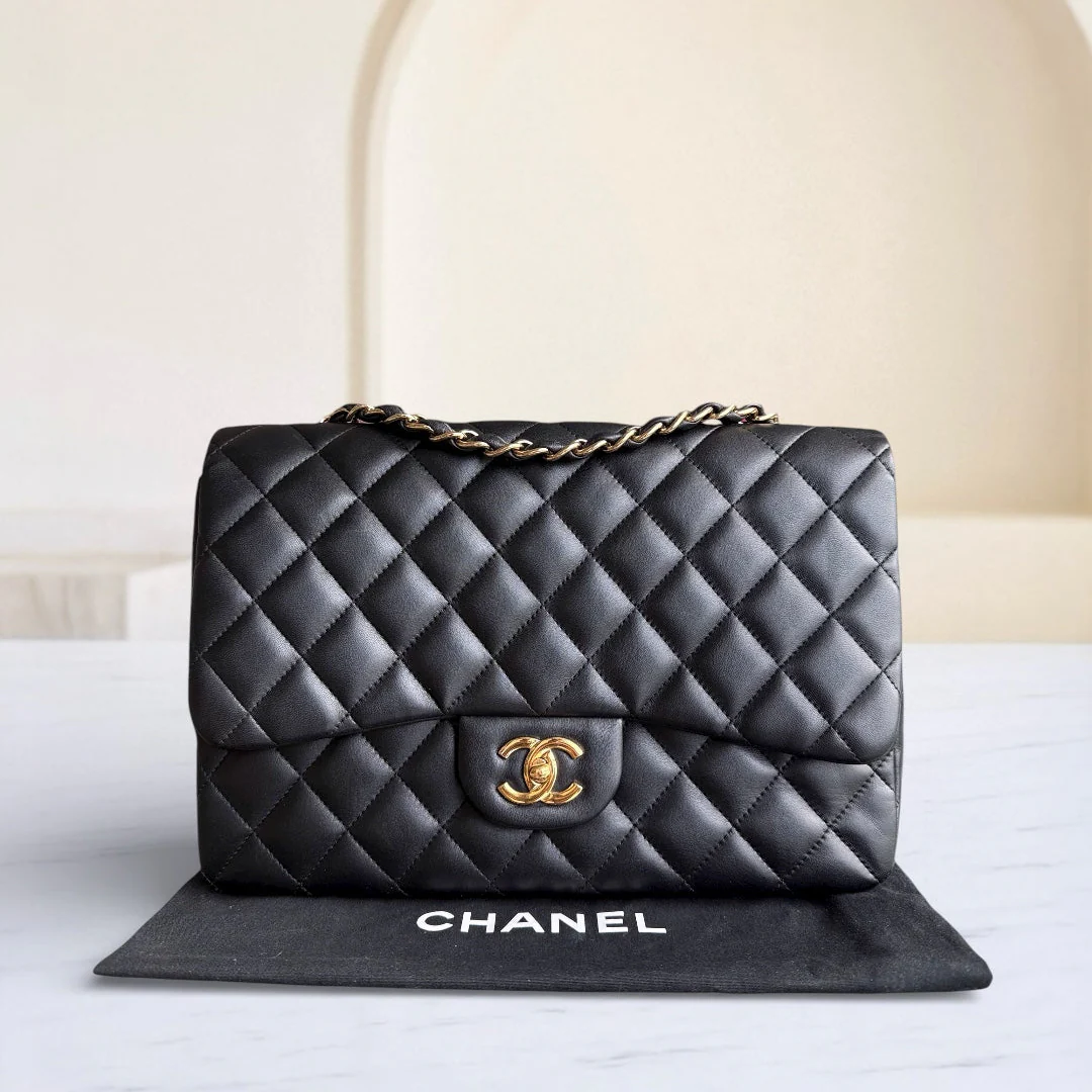 Chanel Classic Flap Jumbo - 30CM Single Flap Quilted Lambskin Black Gold Hardware