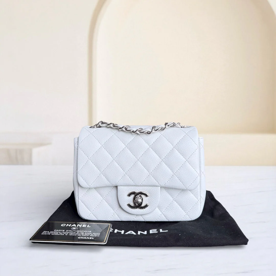 Chanel Classic Flap Mini Square - Caviar Quilted White Silver Hardware Series 18