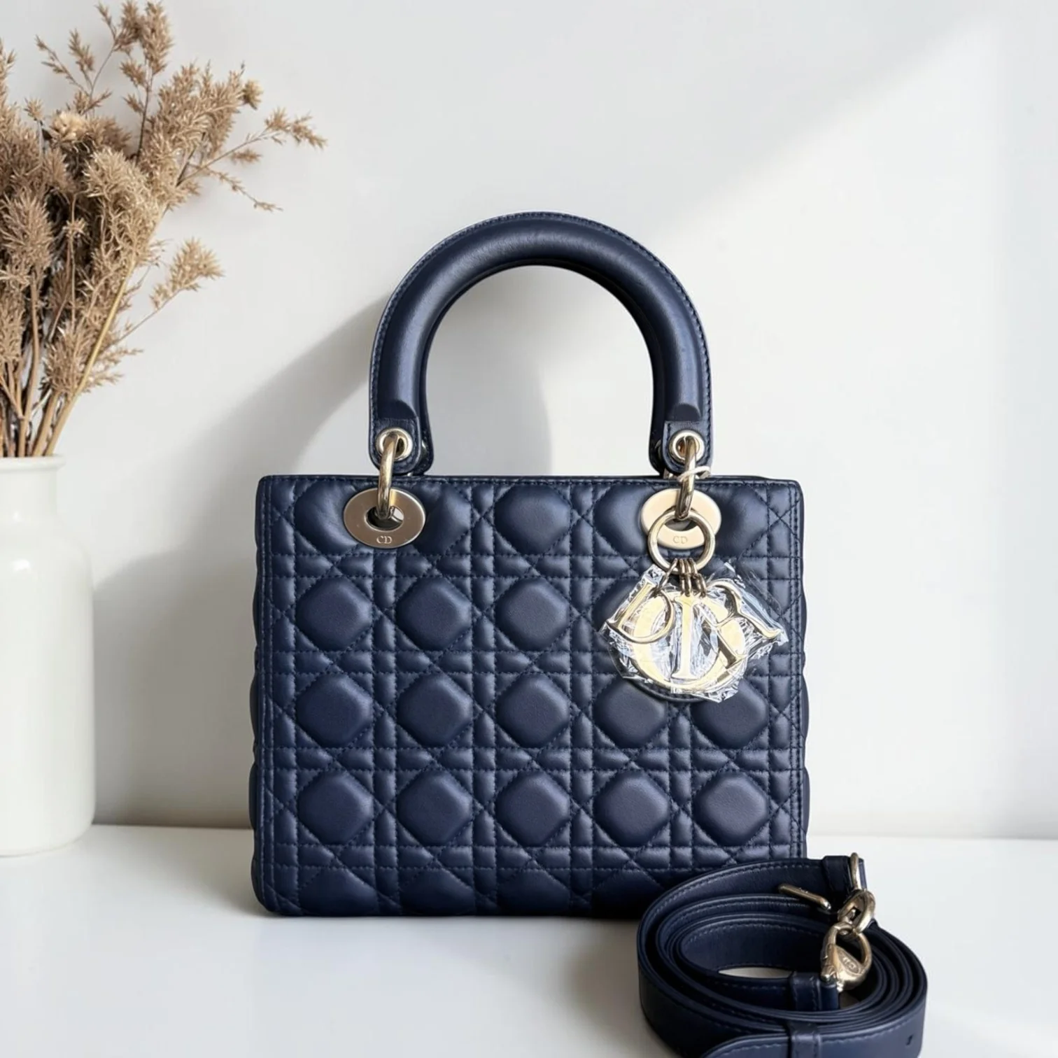 Dior Lady Medium - Cannage Lambskin Dark Blue Gold Hardware Adjustable Strap