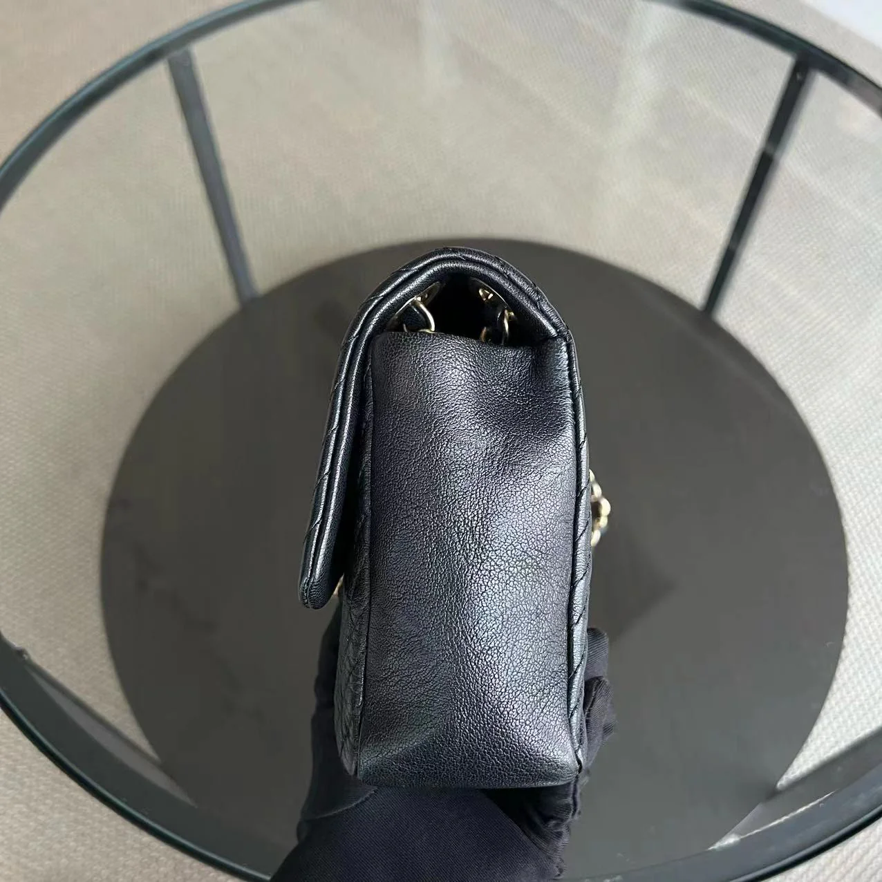 Seasonal Herringbone Medium Flap in Black Distressed Calfskin Aged Golden Hardware Series 21