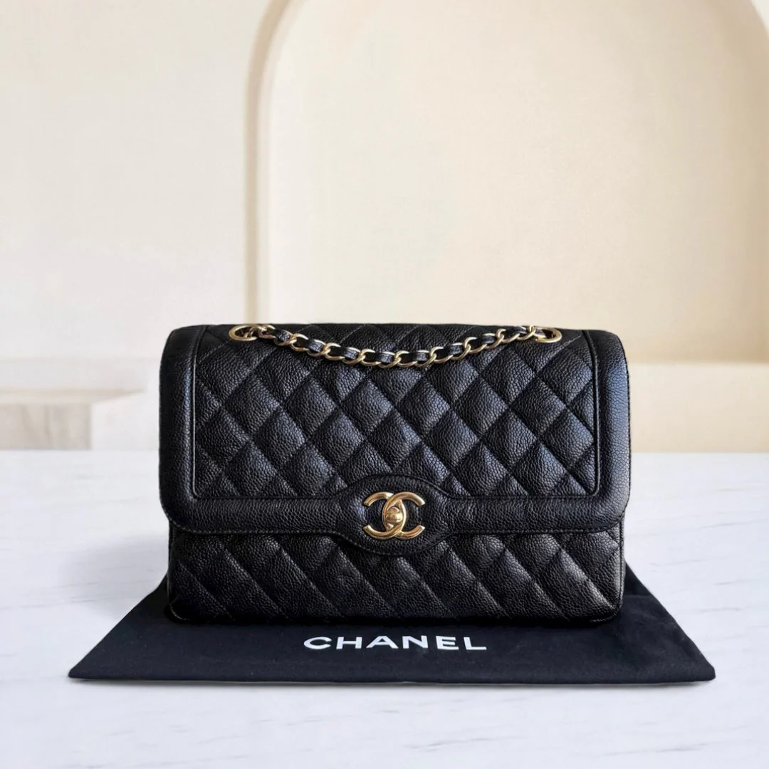 Chanel Seasonal Two-Tone Flap - Caviar 28CM Quilted Black Gold Hardware Series 21