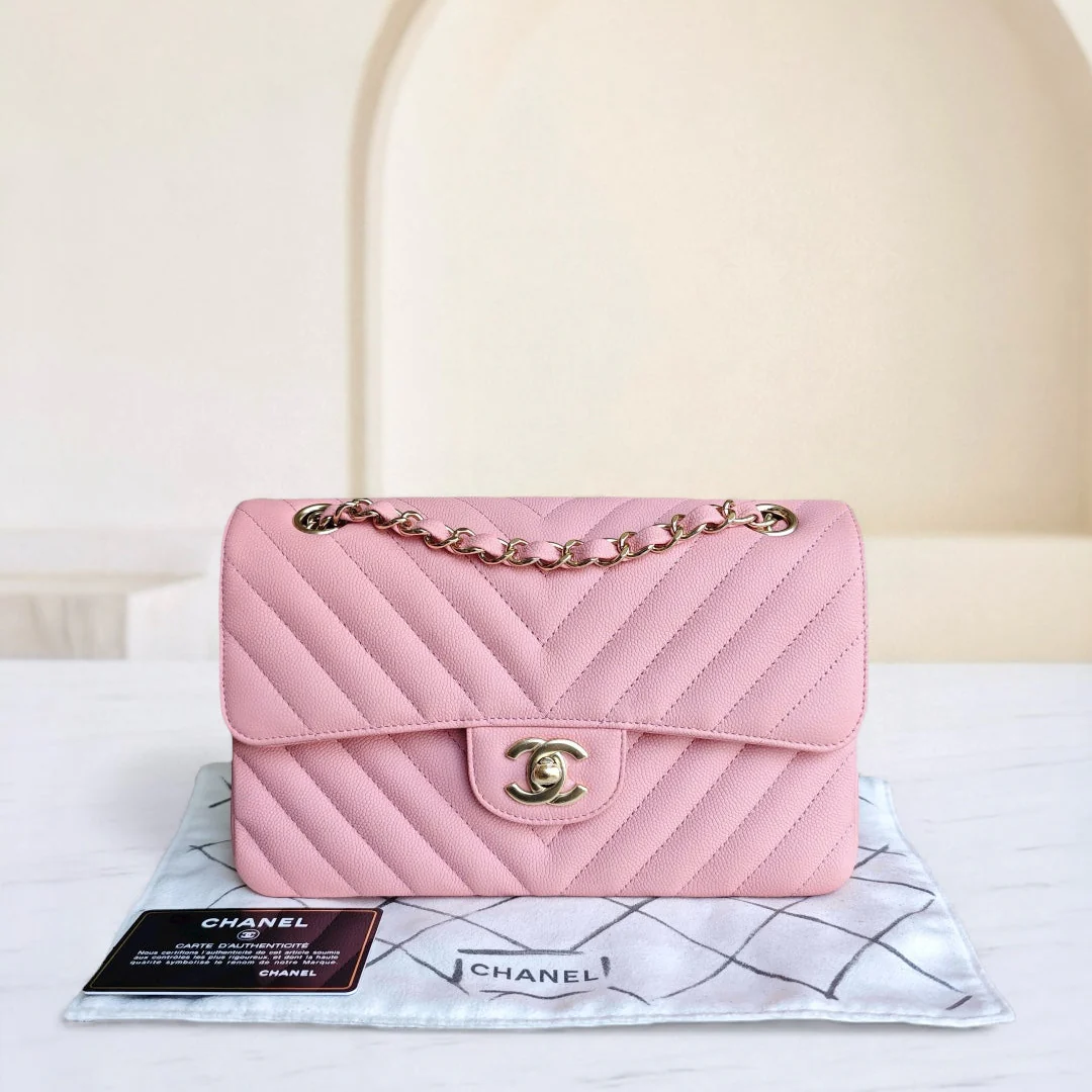 Chanel Classic Flap Small - Caviar 23CM Chevron Light Pink Gold Hardware Series 28