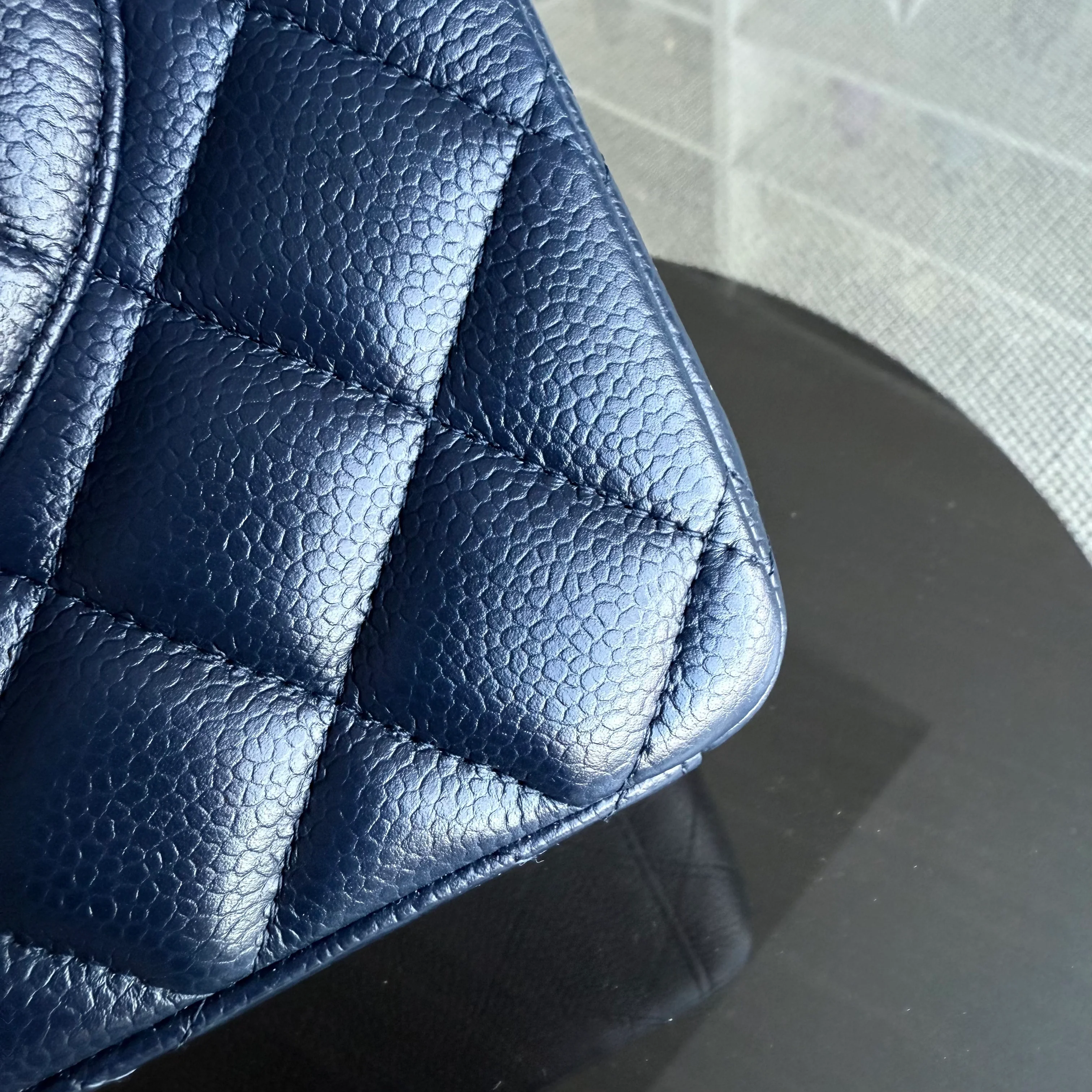 Chanel Classic Flap Maxi - Caviar 33CM Double Flap Quilted Dark Navy Blue Silver Hardware Series 15