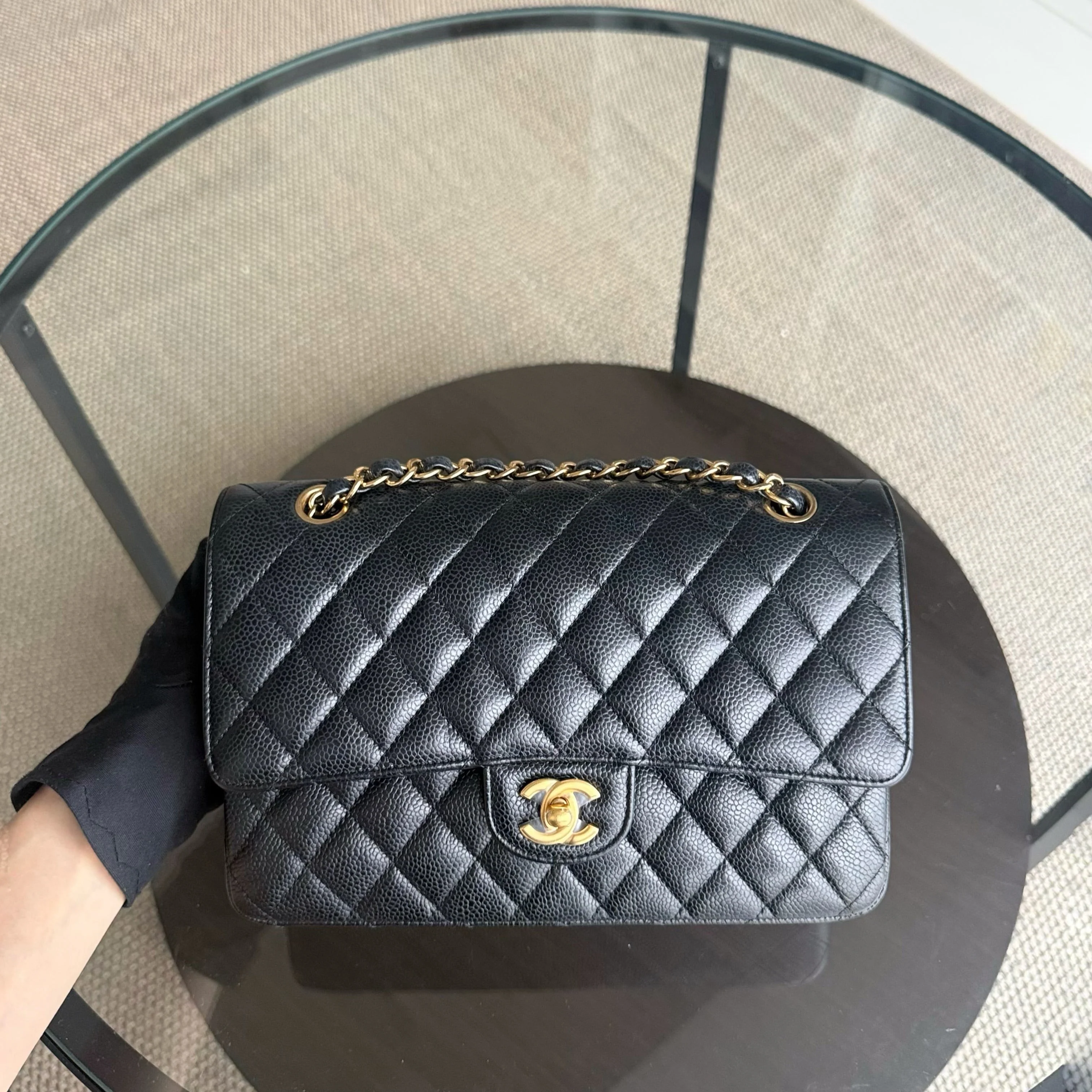 Chanel Classic Flap Medium - Caviar 25CM Quilted Grained Calfskin Black Gold Hardware Series 25