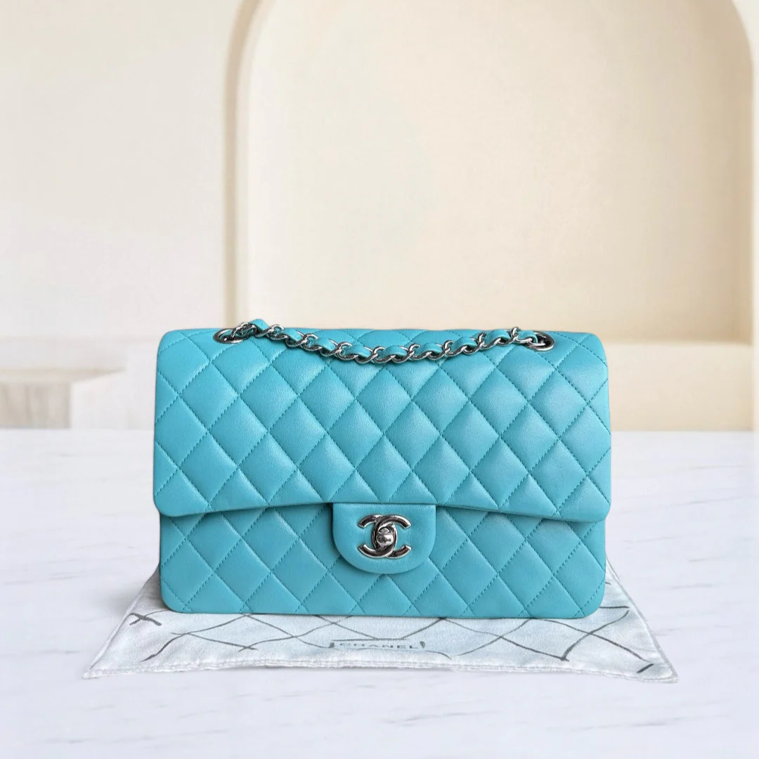 Chanel Classic Flap Medium - 25CM Quilted Lambskin Blue Silver Hardware