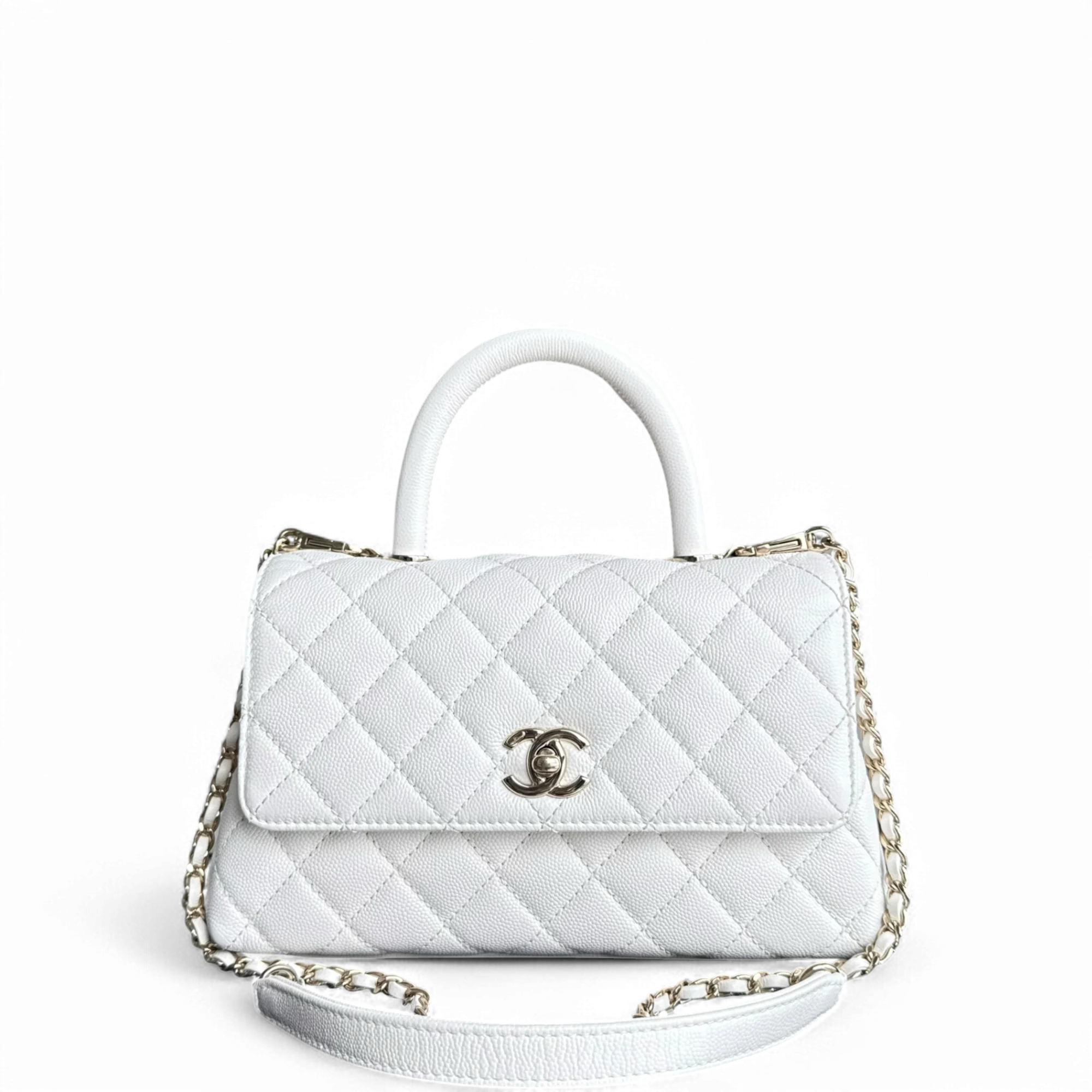 Chanel Coco Handle Small - Caviar Quilted Snow White Gold Hardware Microchip