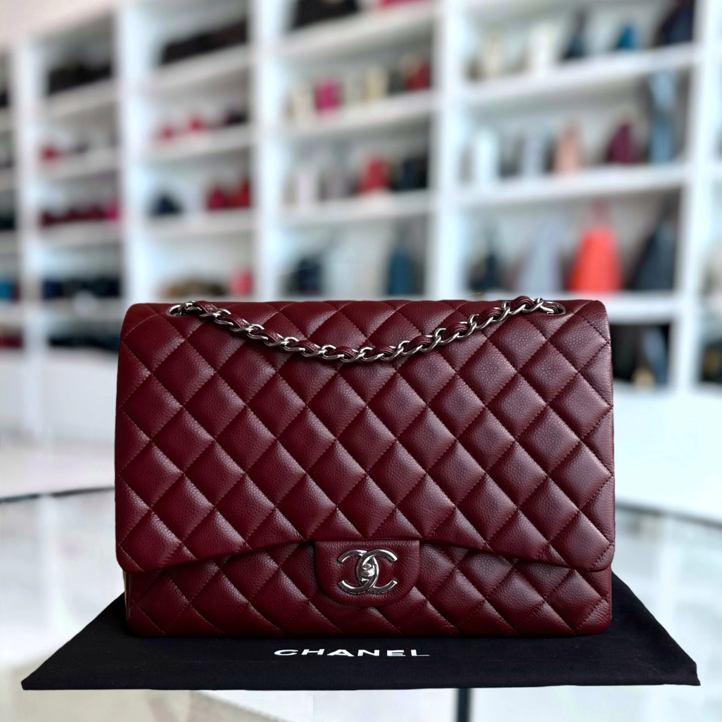 Chanel Classic Flap Maxi - Caviar Double Flap 33CM Quilted Grained Calfskin Burgundy Dark Red Silver Hardware Series 15