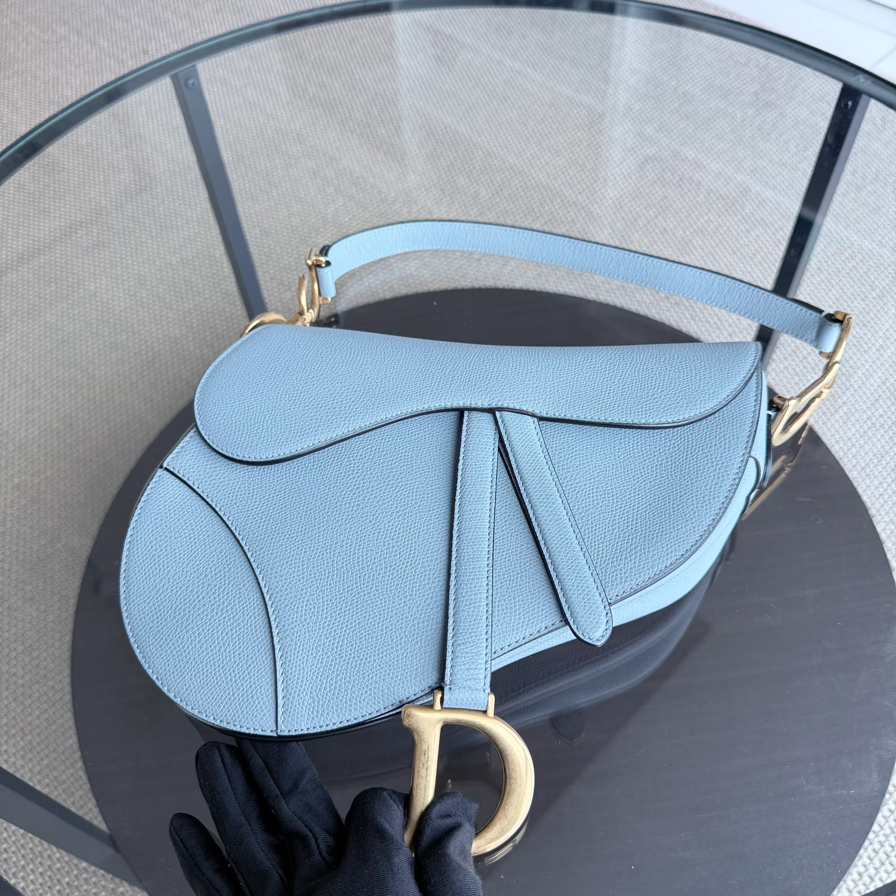 Dior Saddle Medium - 25CM Grained Calfskin Haze Blue Gold Hardware