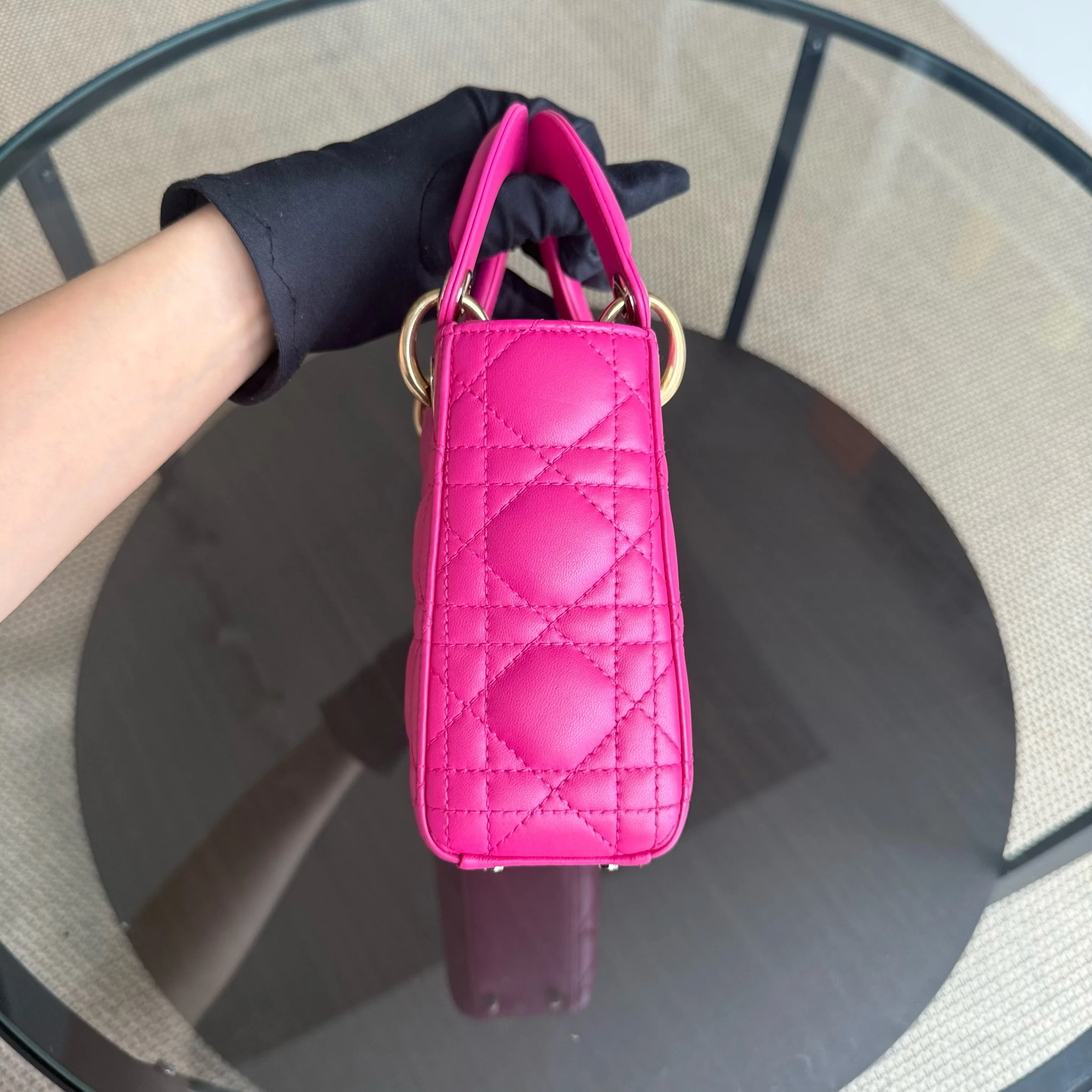 Dior Lady Mini - Cannage Lambskin Hot Pink Gold Hardware Adjustable Strap