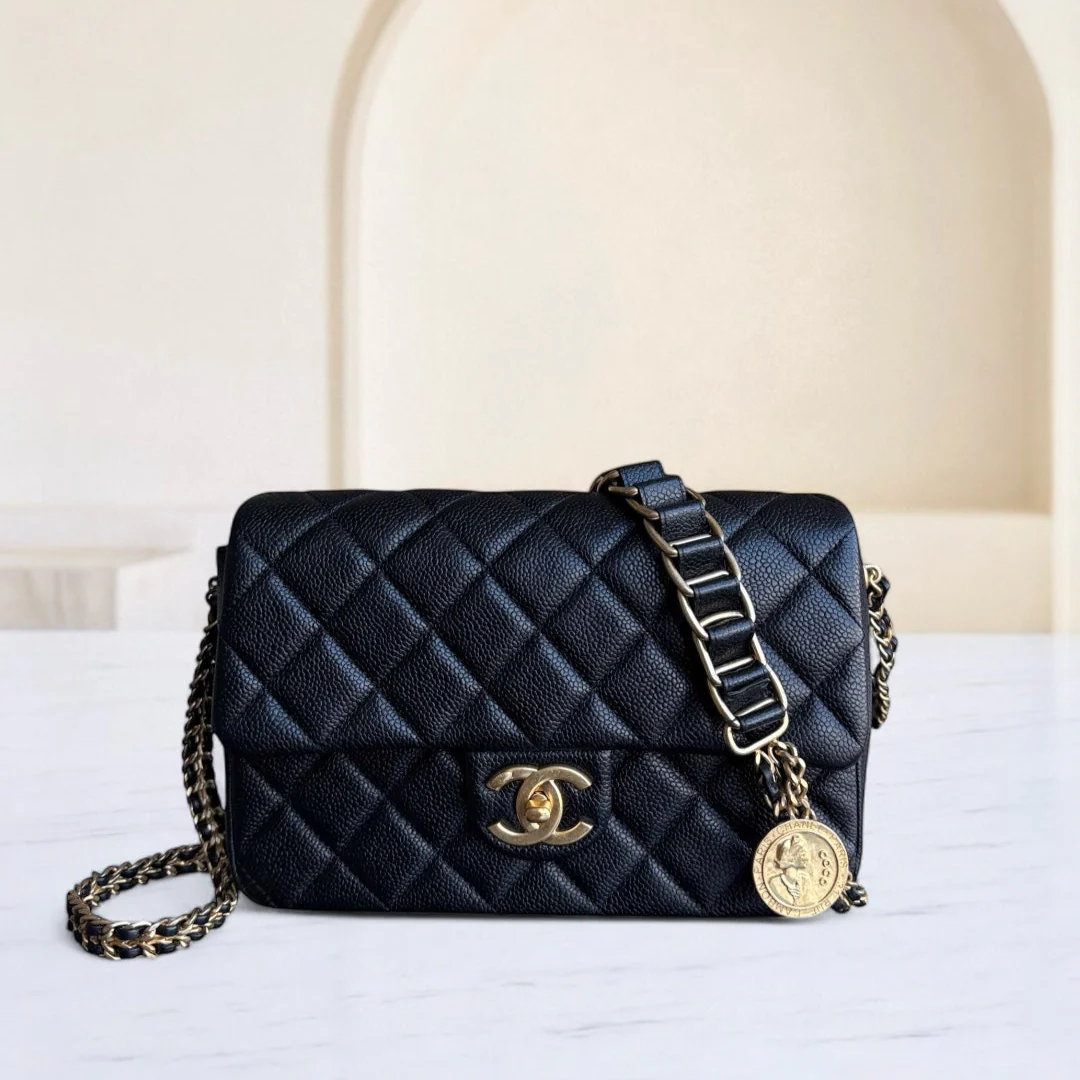 Chanel Seasonal Flap Bag - Caviar Quilted Medallion Soul Black Caviar Gold Hardware Microchip