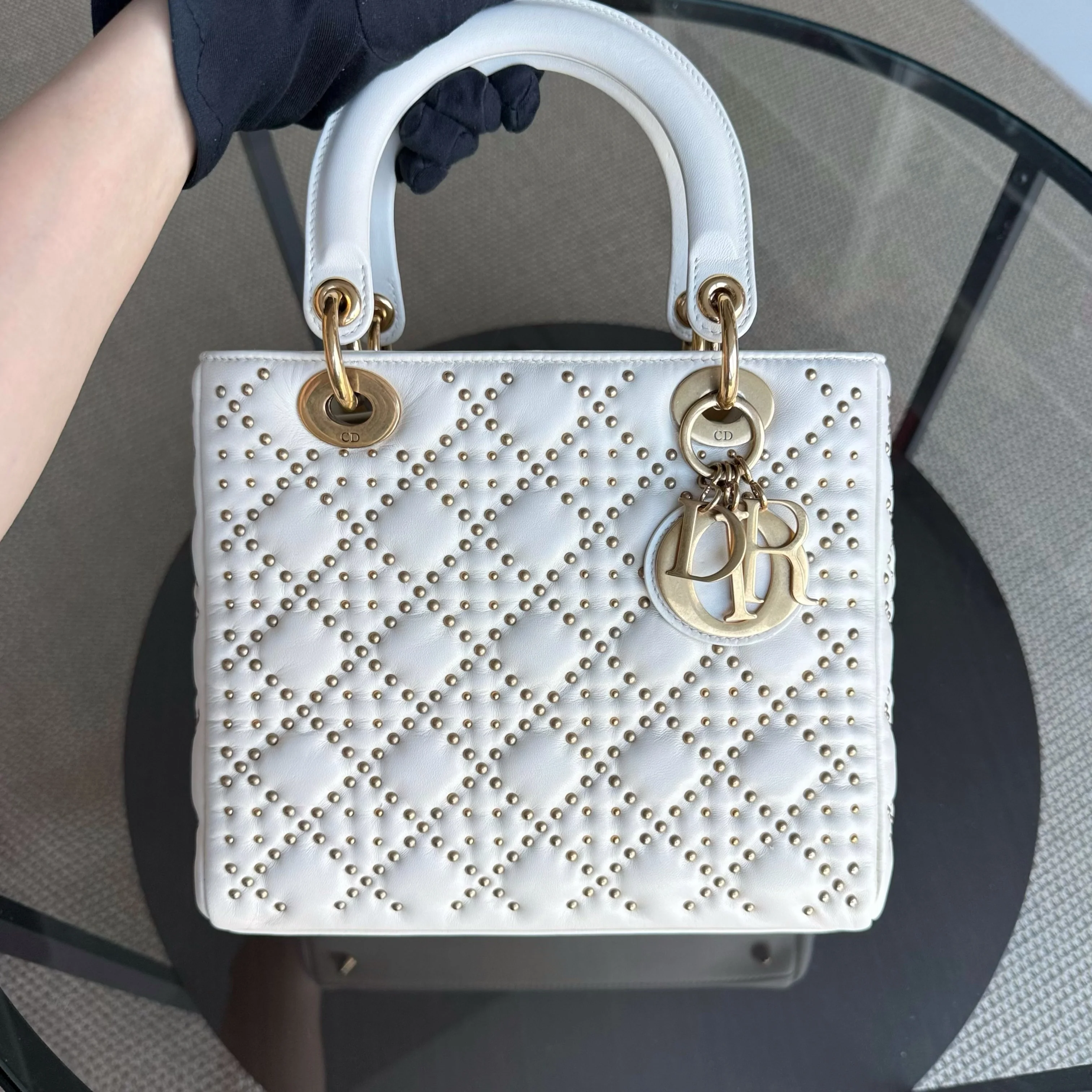 Dior Lady Medium - Cannage Calfskin Studded White Gold Hardware Zip Version