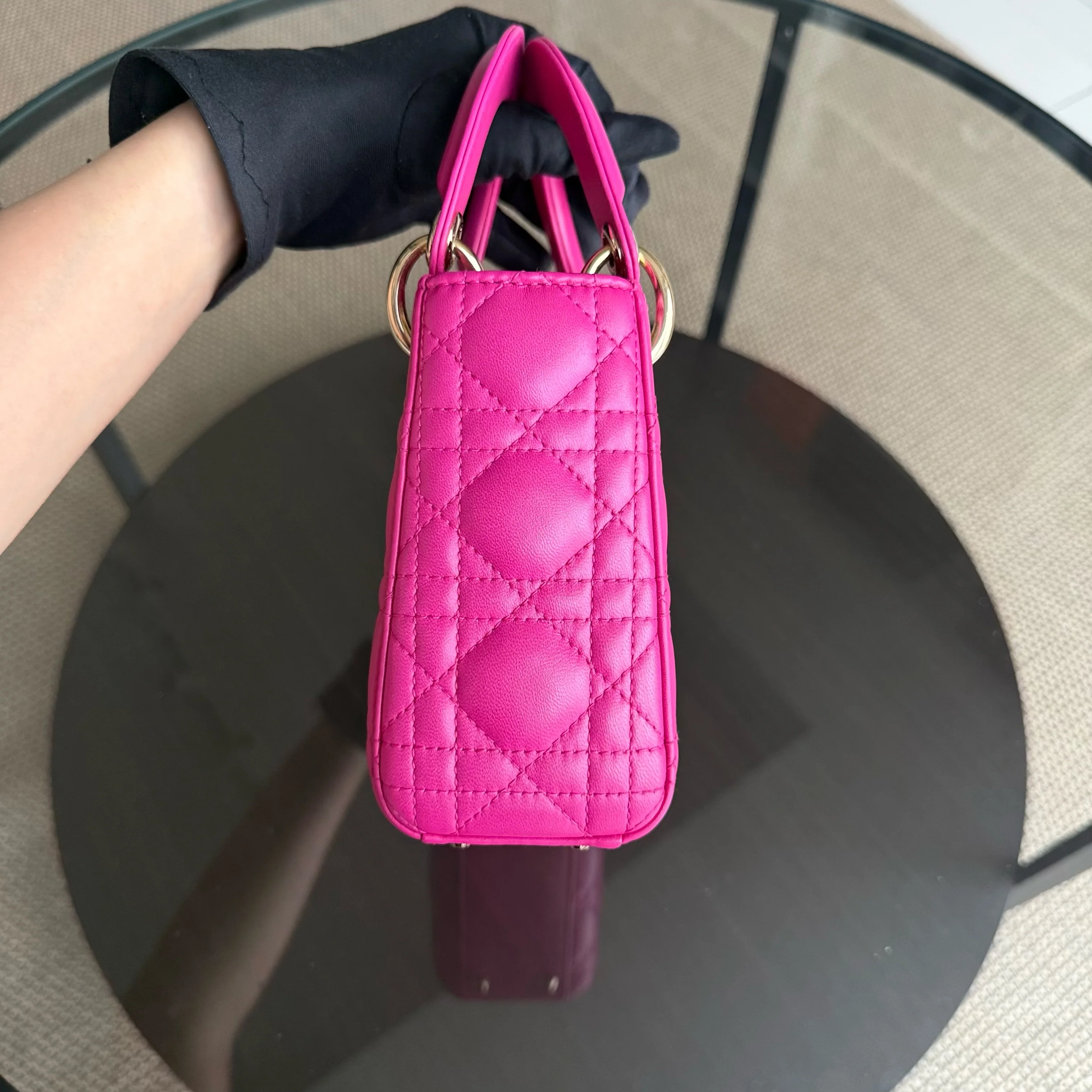 Dior Lady Mini - Cannage Lambskin Hot Pink Gold Hardware Chain Strap