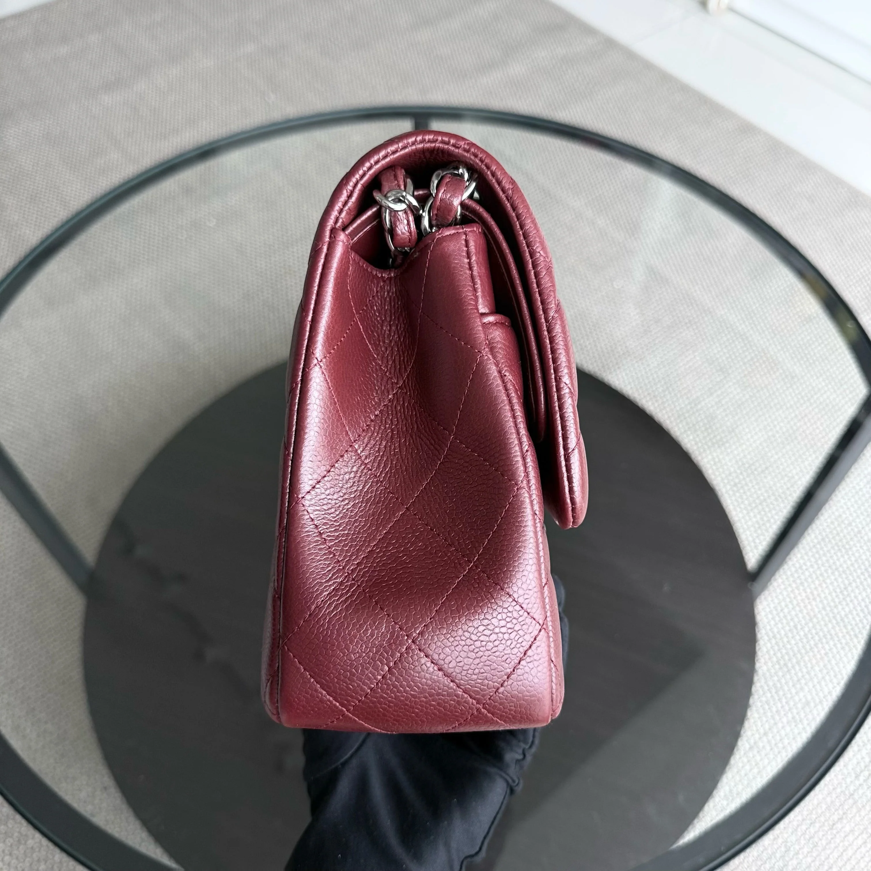 Chanel Classic Flap Jumbo - Caviar 30CM Double Flap Quilted Burgundy Silver Hardware