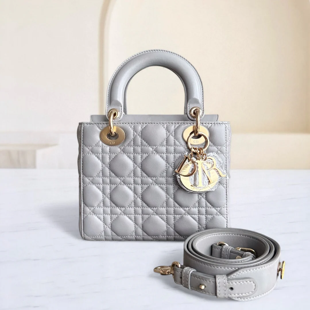 Dior Lady Small - Cannage Lambskin Light Grey Gray Gold Hardware