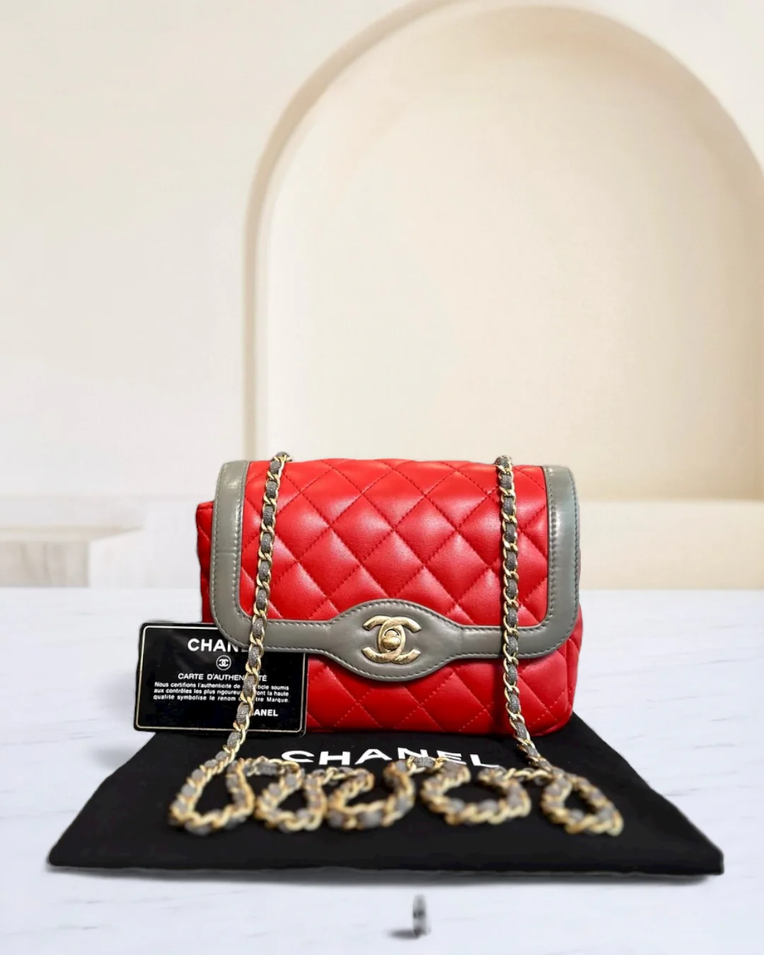 Chanel Seasonal Flap Two-Tone Quilted Lambskin Red Grey GHW No 23