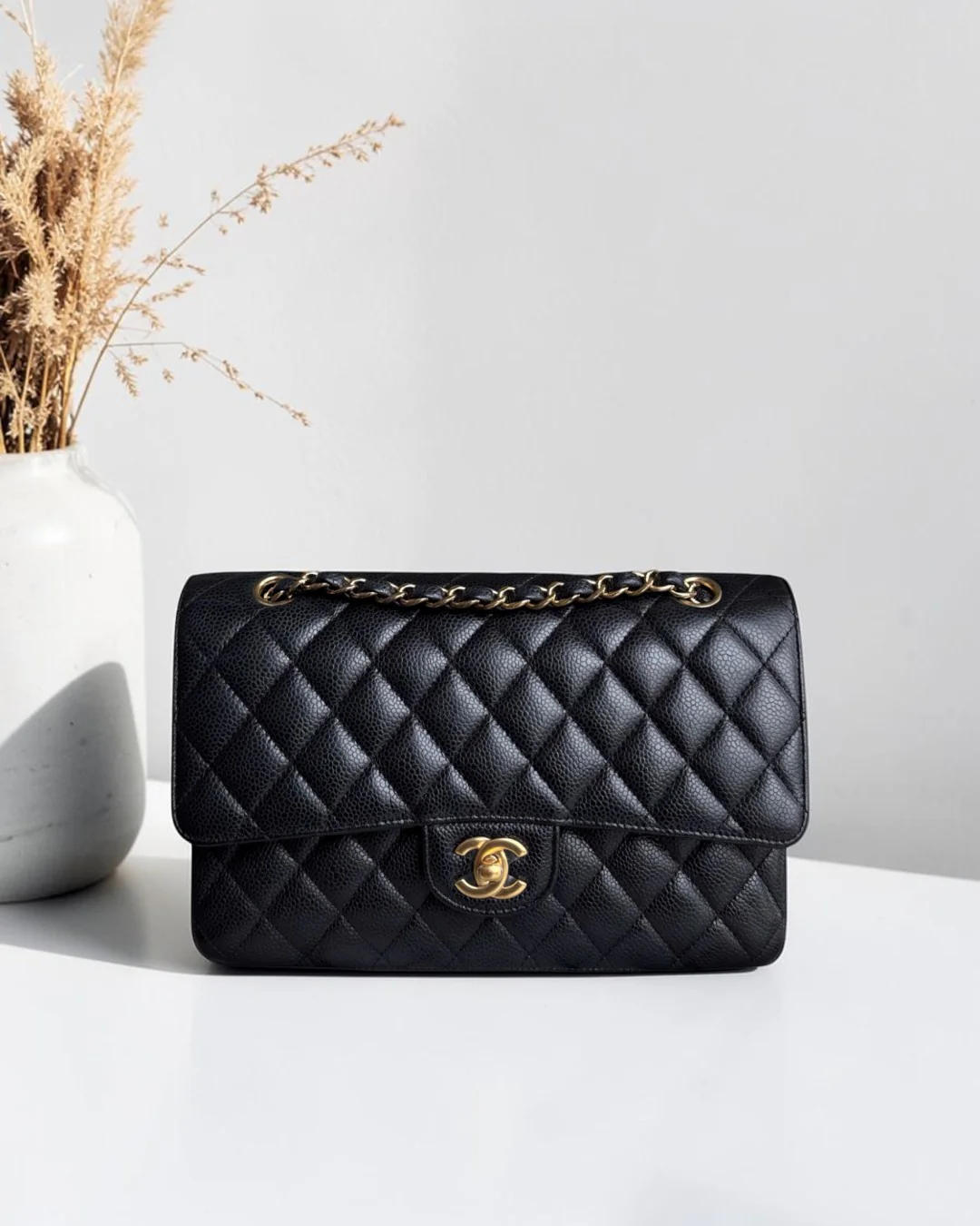 Chanel Classic Flap Medium - Caviar 25CM Quilted Grained Calfskin Black Gold Hardware Series 25