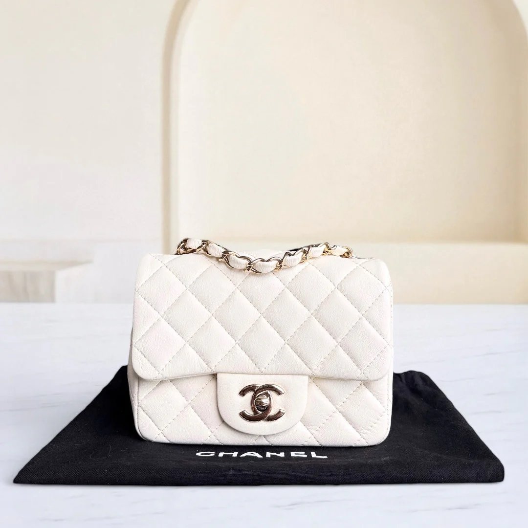 Chanel Classic Flap Mini Square - 17CM Quilted Lambskin White Gold Hardware Microchip