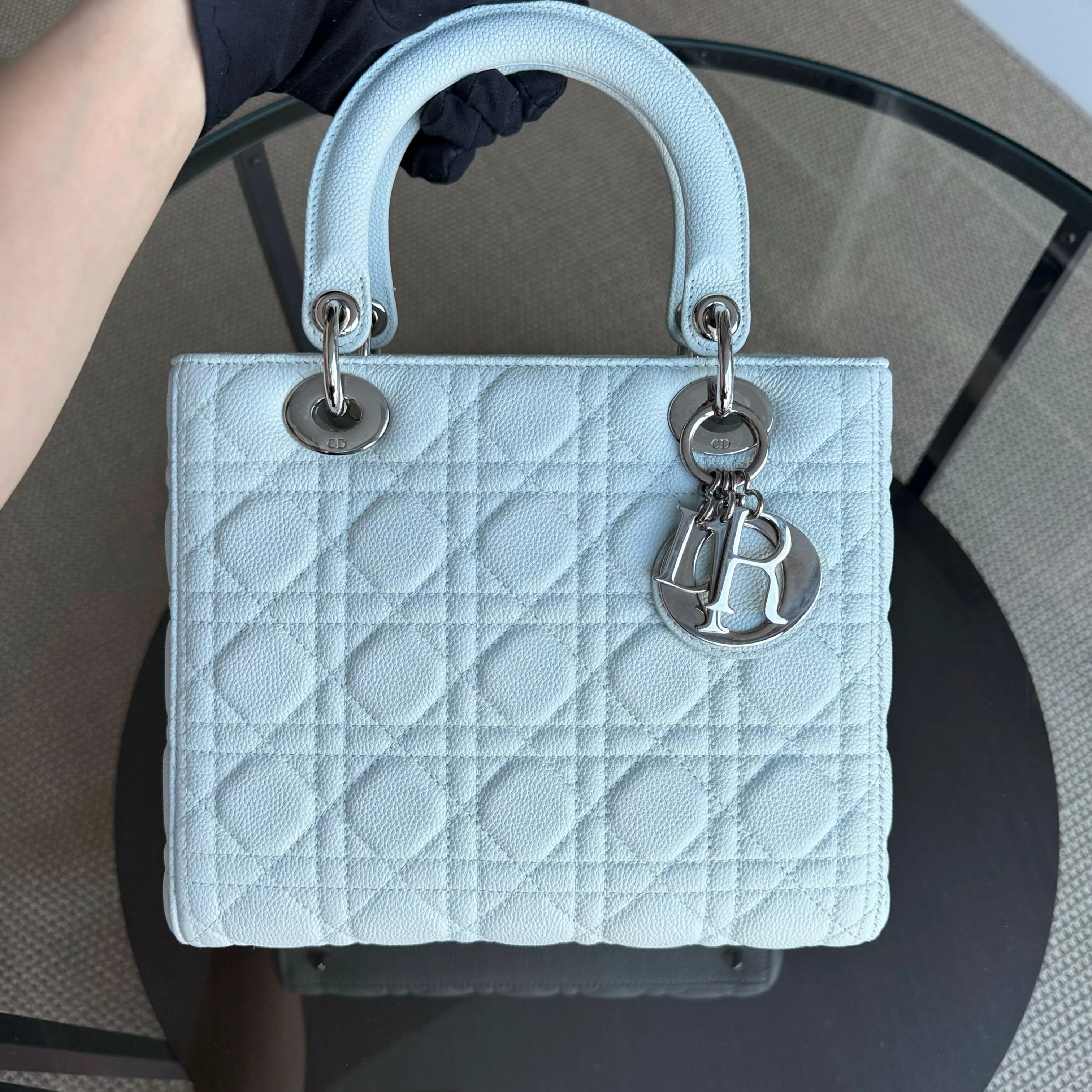 Dior Lady Medium Caviar - Grained Calfskin Cannage Glacier White Ice Blue Silver Hardware