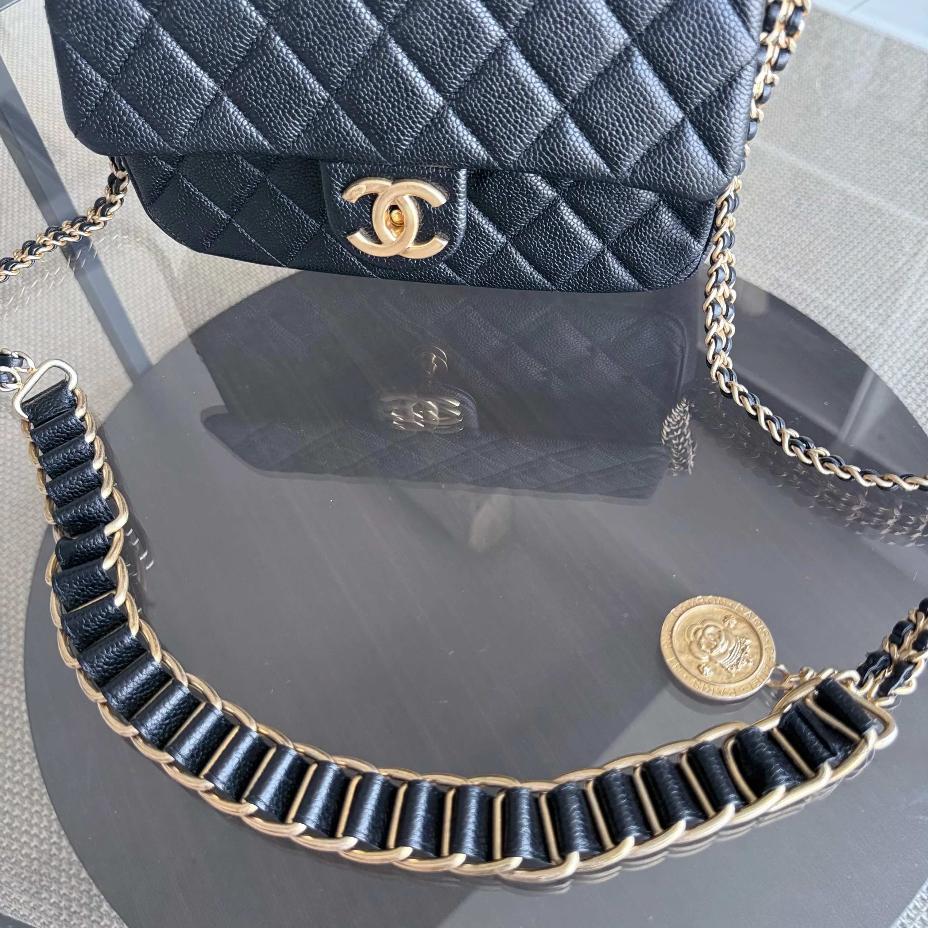 Chanel Seasonal Flap Bag - Caviar Quilted Medallion Soul Black Caviar Gold Hardware Microchip