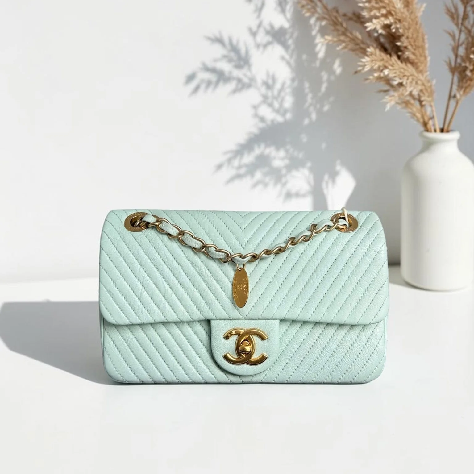 Chanel Seasonal Flap Small - 23CM Surpique CC Herringbone Medallion Flap Chevron Mint Green Gold Hardware Series 20