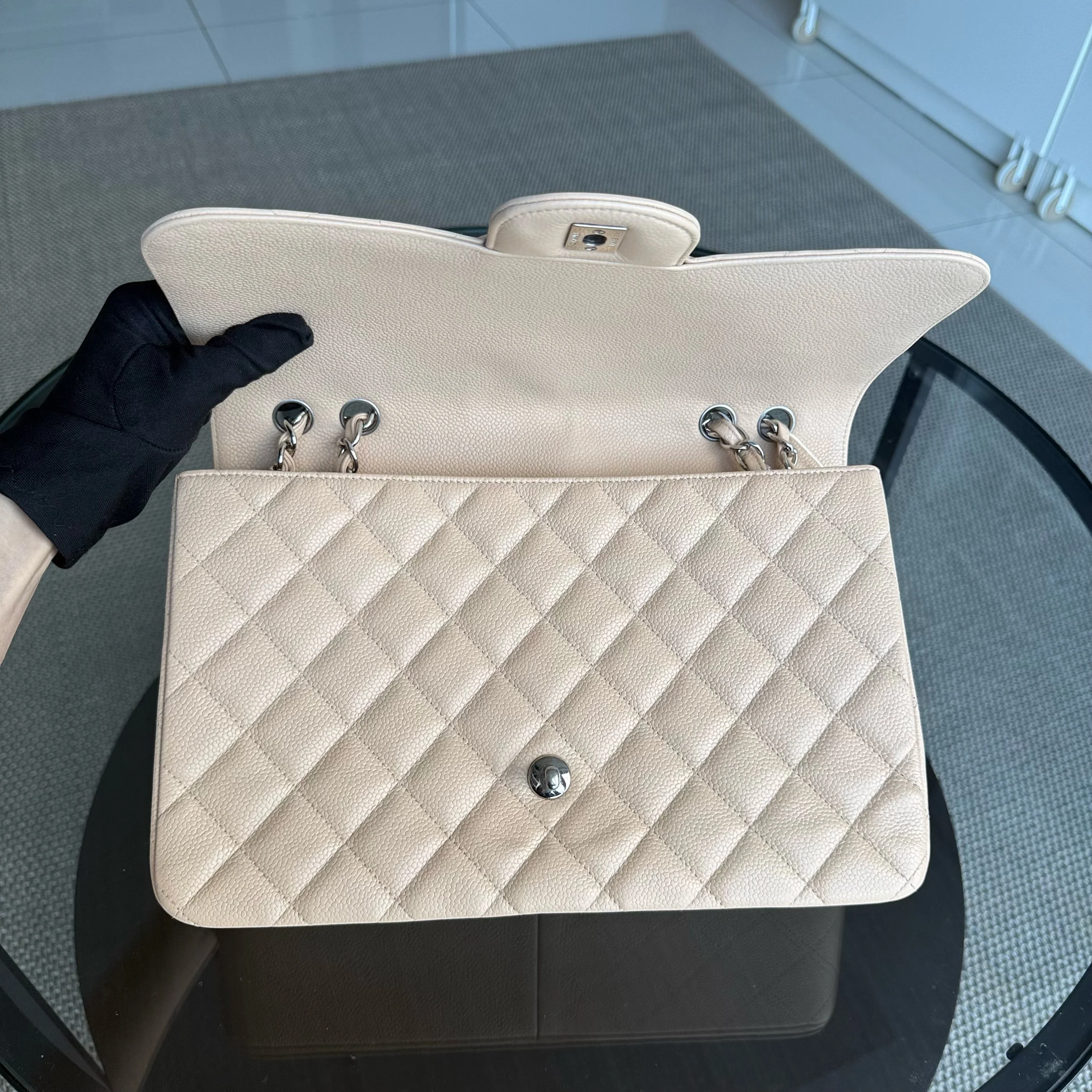 Chanel Classic Flap Jumbo - Caviar 30CM Single Flap Quilted Beige Silver Hardware Series 13