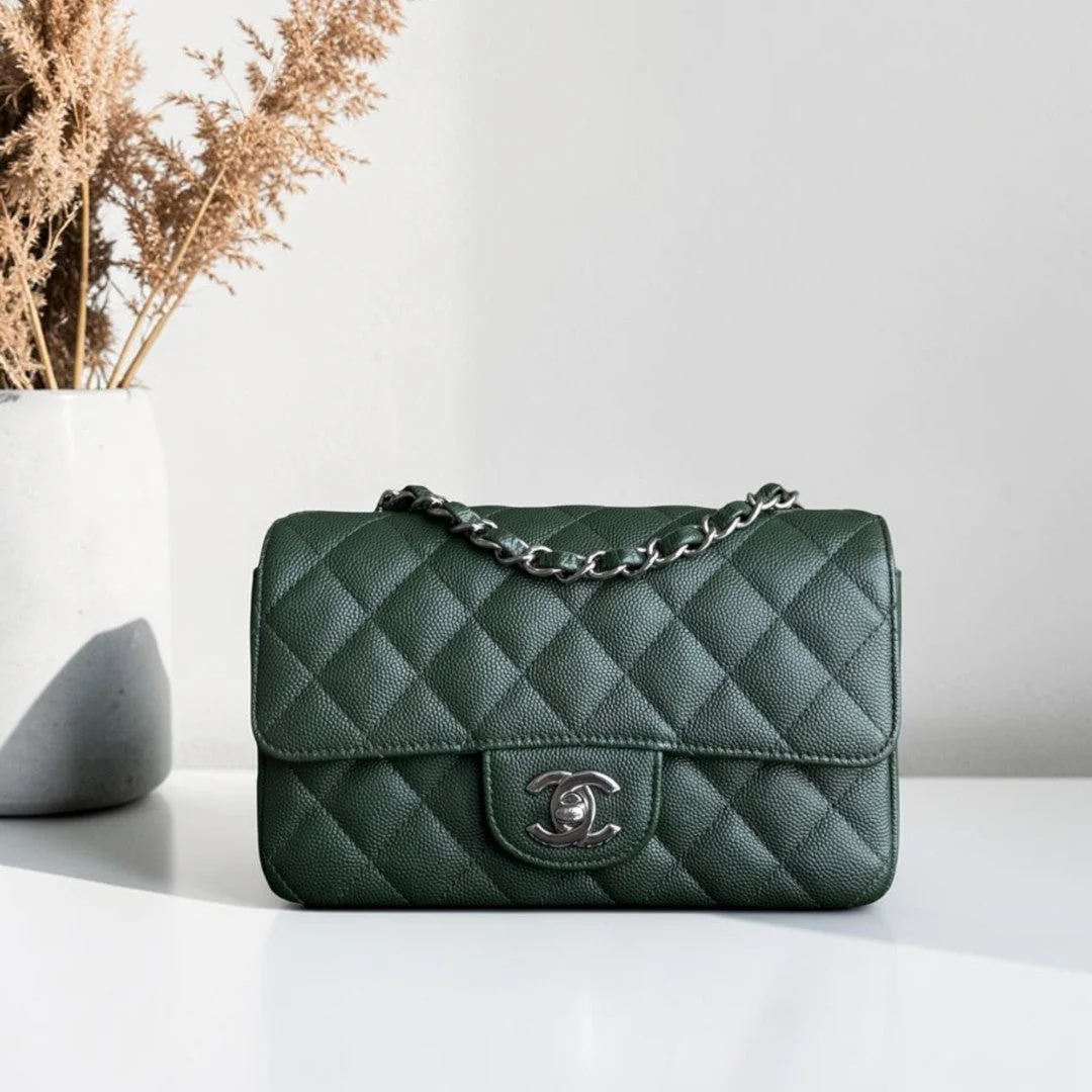 Chanel Caviar Mini Rectangle Classic Flap - 20CM Quilted Dark Green Silver Hardware Series 25