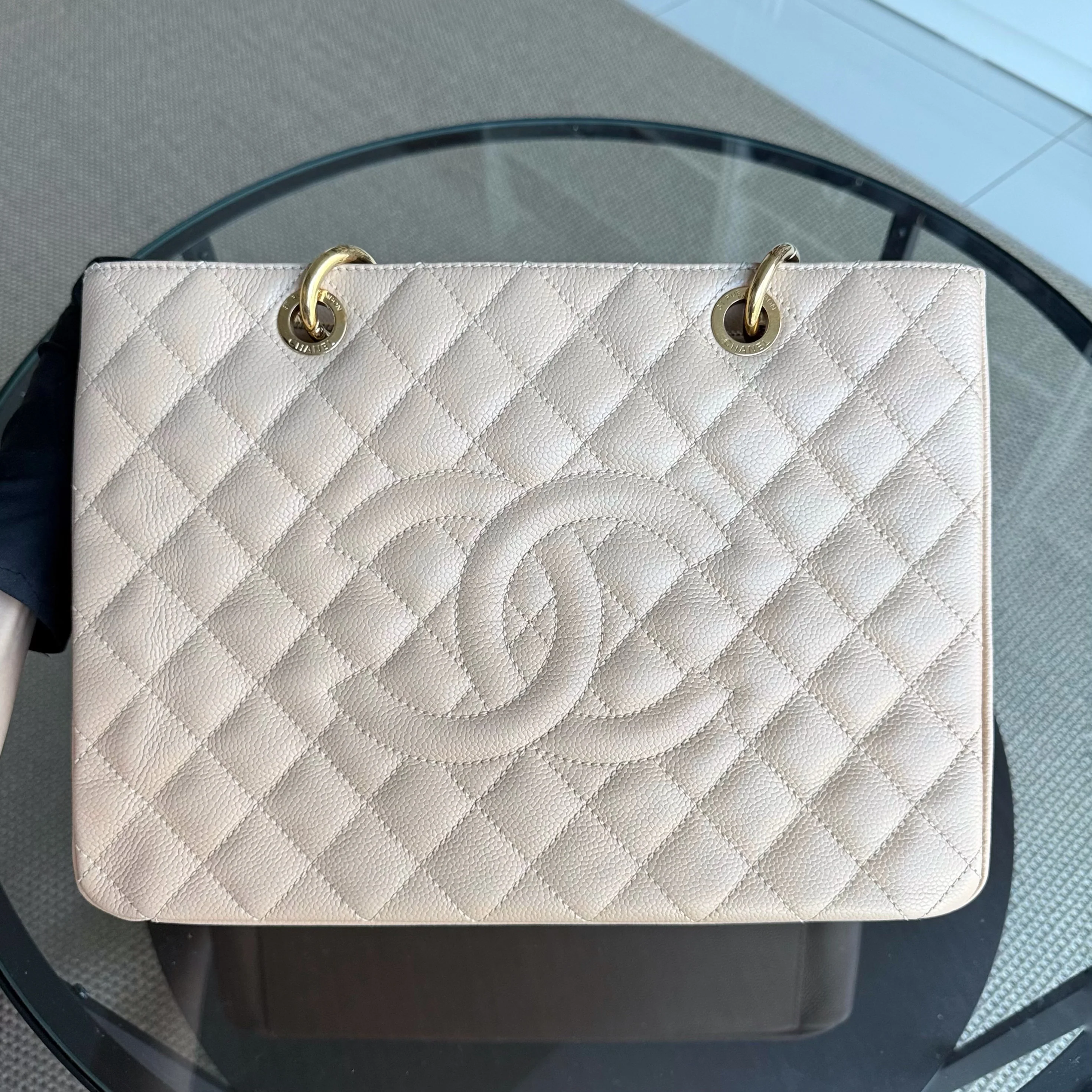 Chanel GST Grand Shopping Tote - Caviar Grained Calfskin Light Beige Gold Hardware Series 13