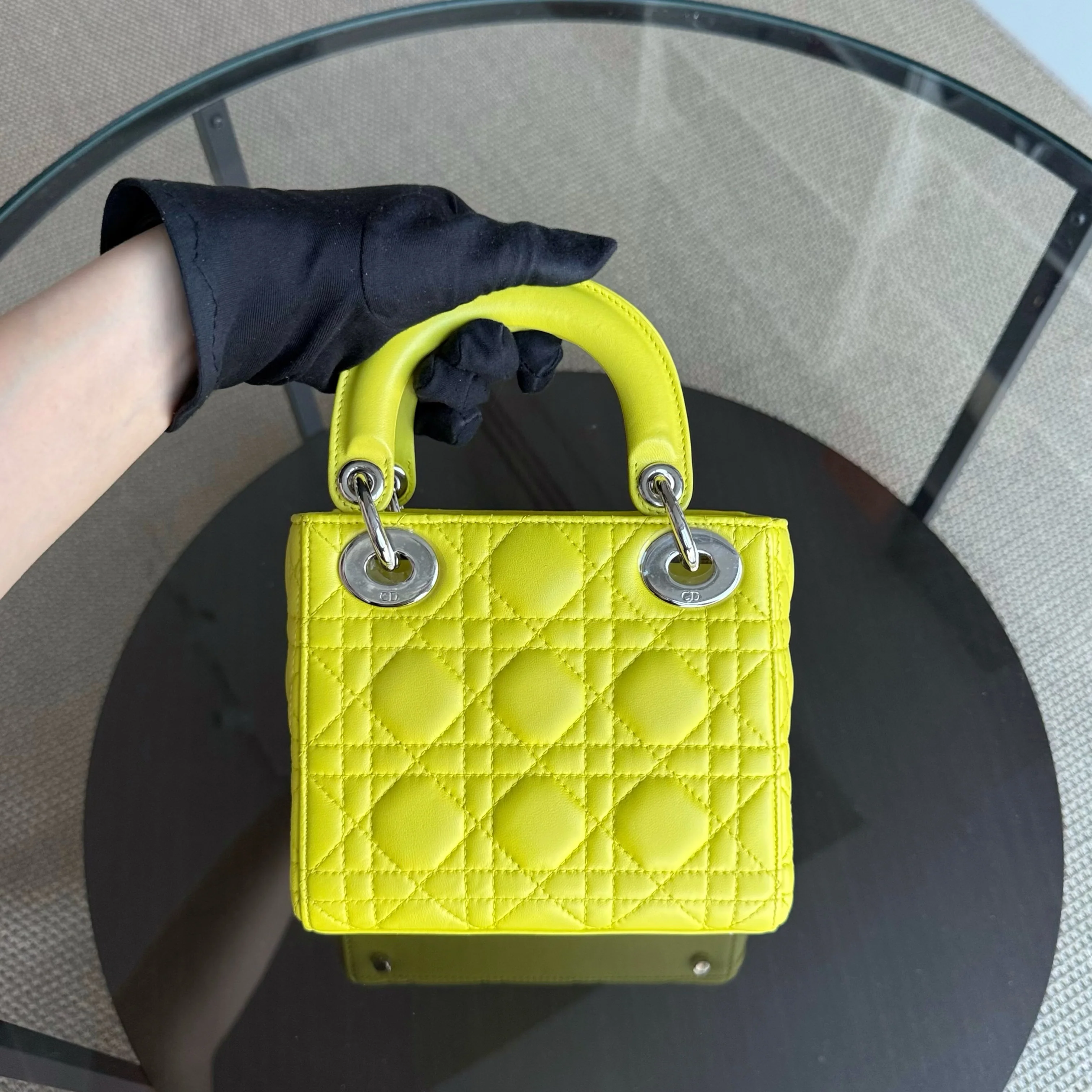 Dior Lady Mini - Cannage Lambskin Yellow Silver Hardware Adjustable Strap