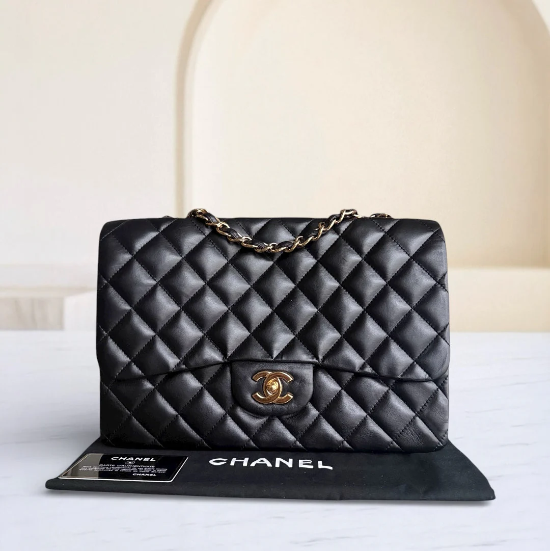 Chanel Classic Flap Jumbo - 30CM Single Flap Quilted Lambskin Black Gold Hardware Series 13