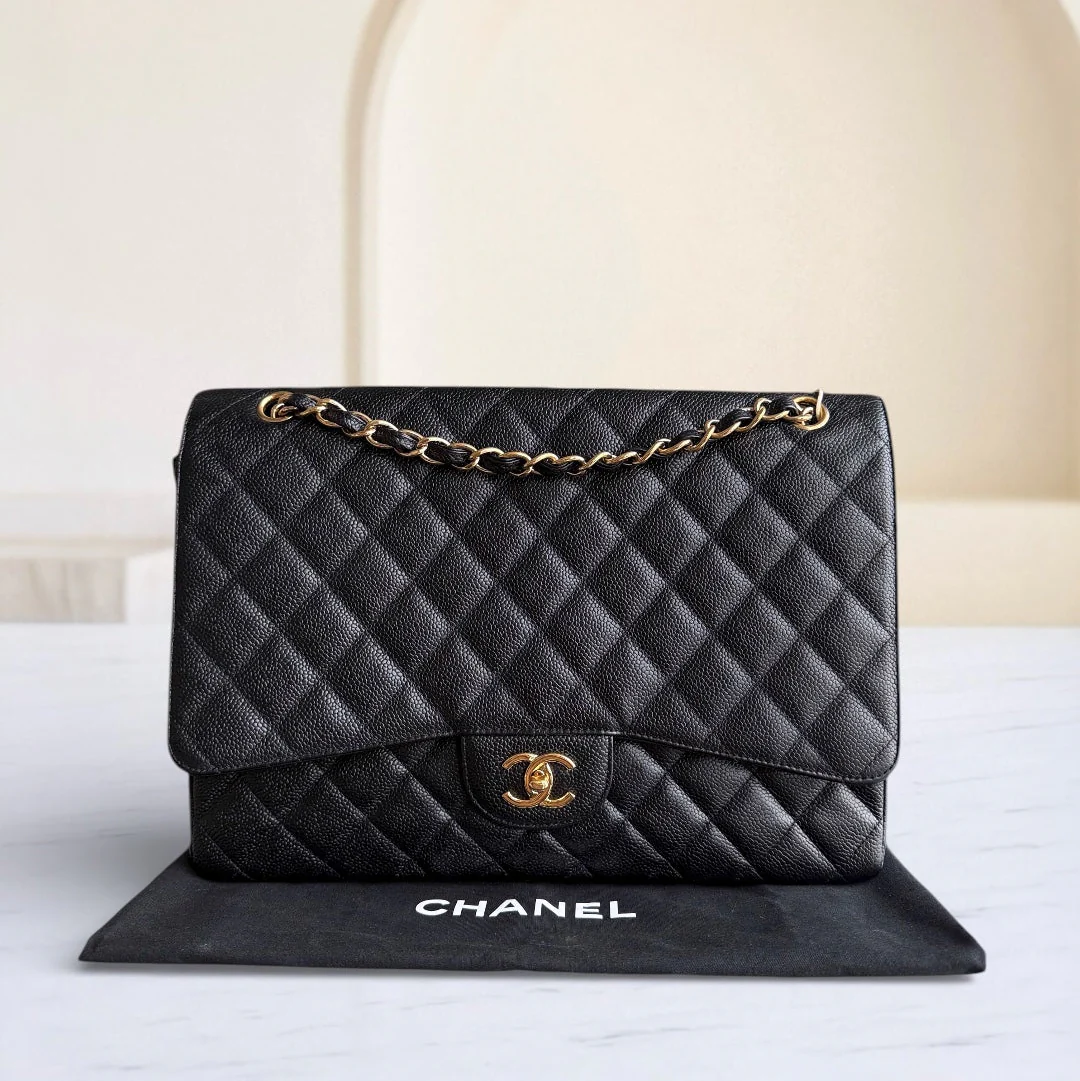 Chanel Classic Flap Maxi - Caviar 33CM Single Flap Black Gold Hardware Series 13